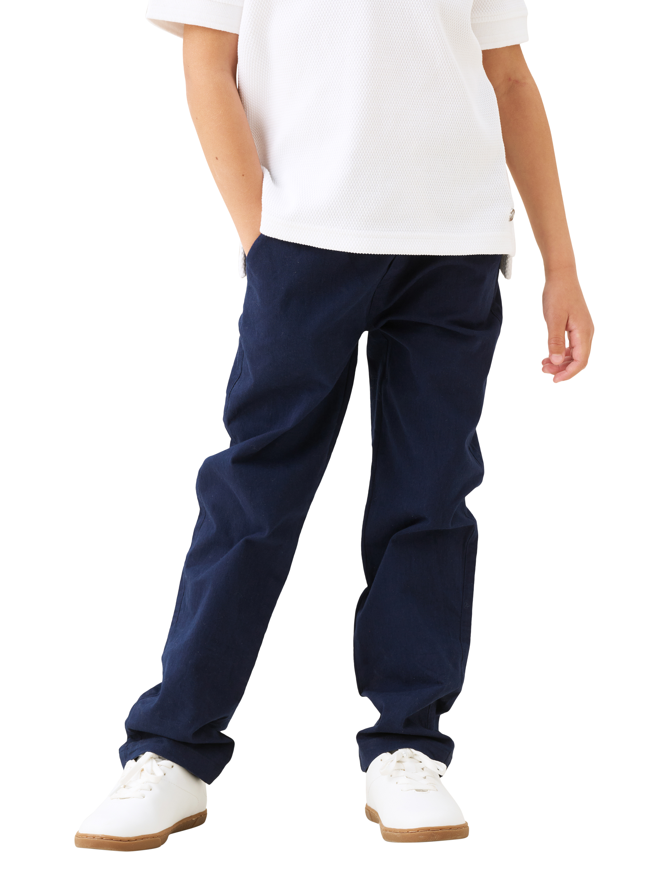 Product image 1 of 4, which shows Angel & Rocket Kids' Cotton Twill Trousers, Navy, 3 years