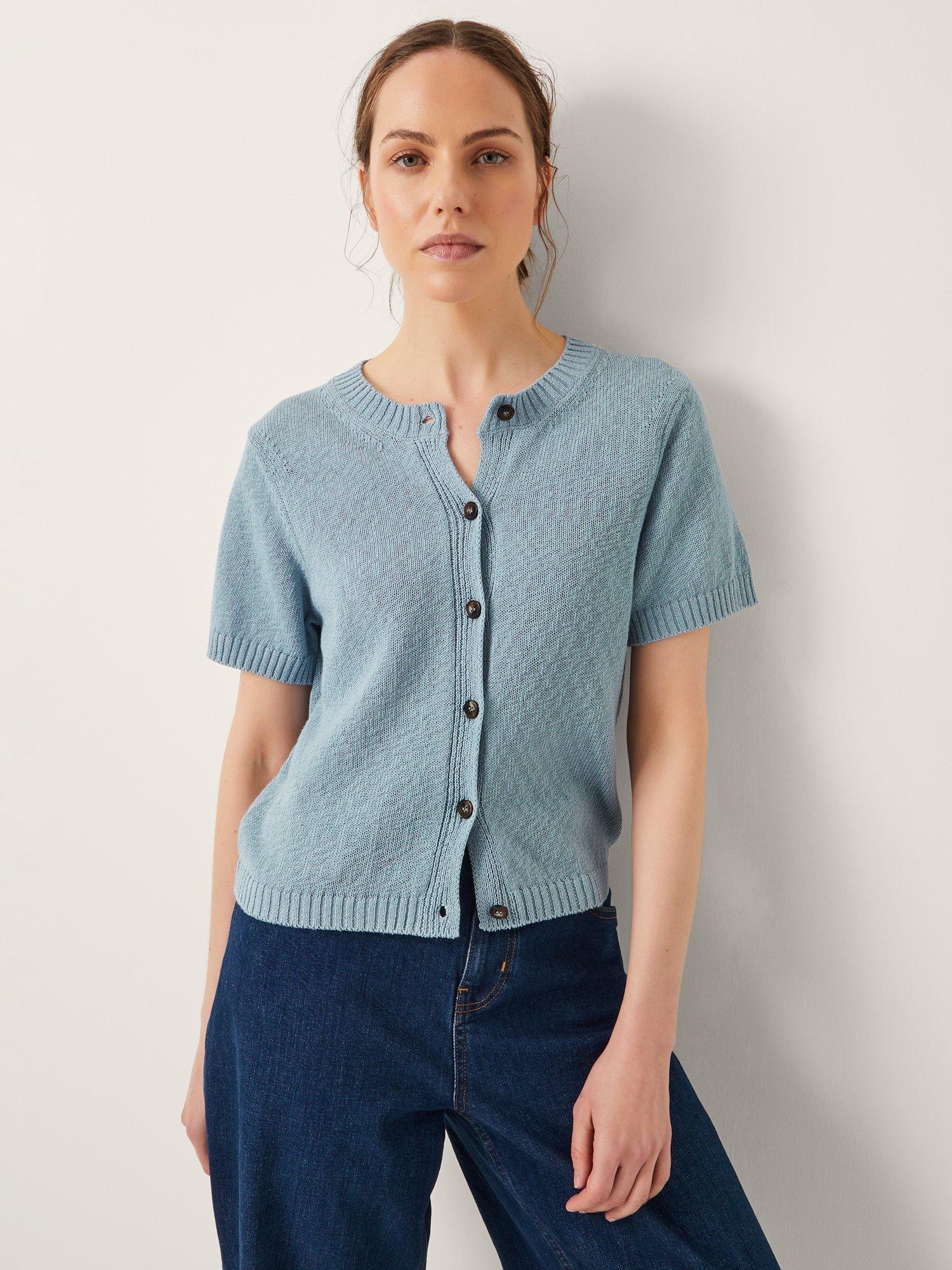 Product image 1 of 11, which shows Monsoon Celia Short Sleeve Cardigan, Blue, S