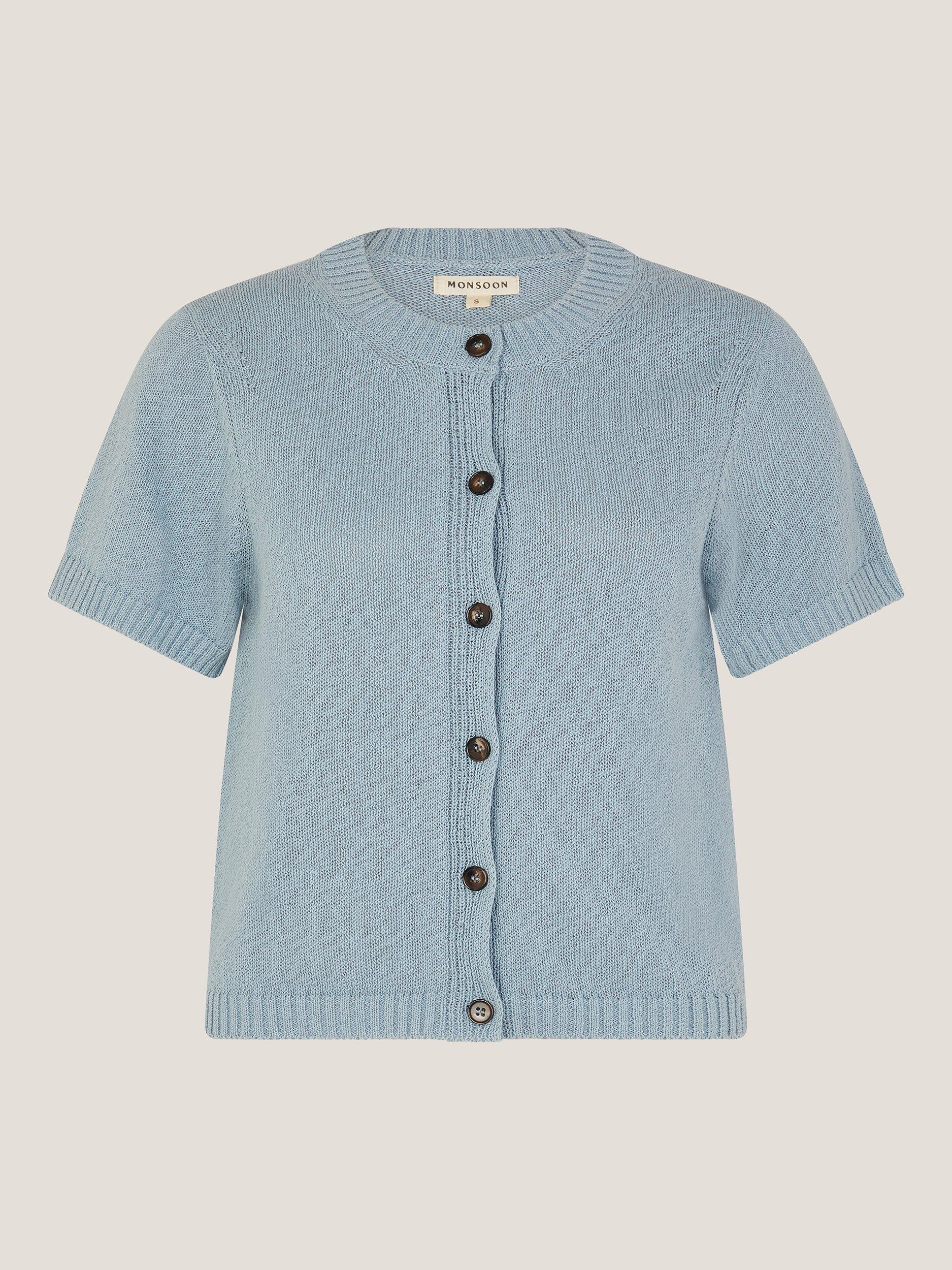 Product image 4 of 11, which shows Monsoon Celia Short Sleeve Cardigan, Blue, S