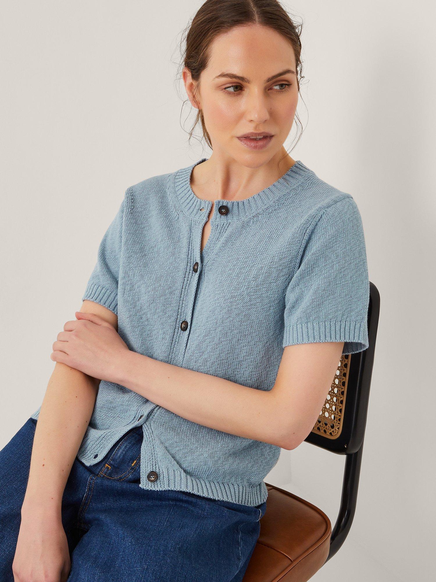 Product image 5 of 11, which shows Monsoon Celia Short Sleeve Cardigan, Blue, S