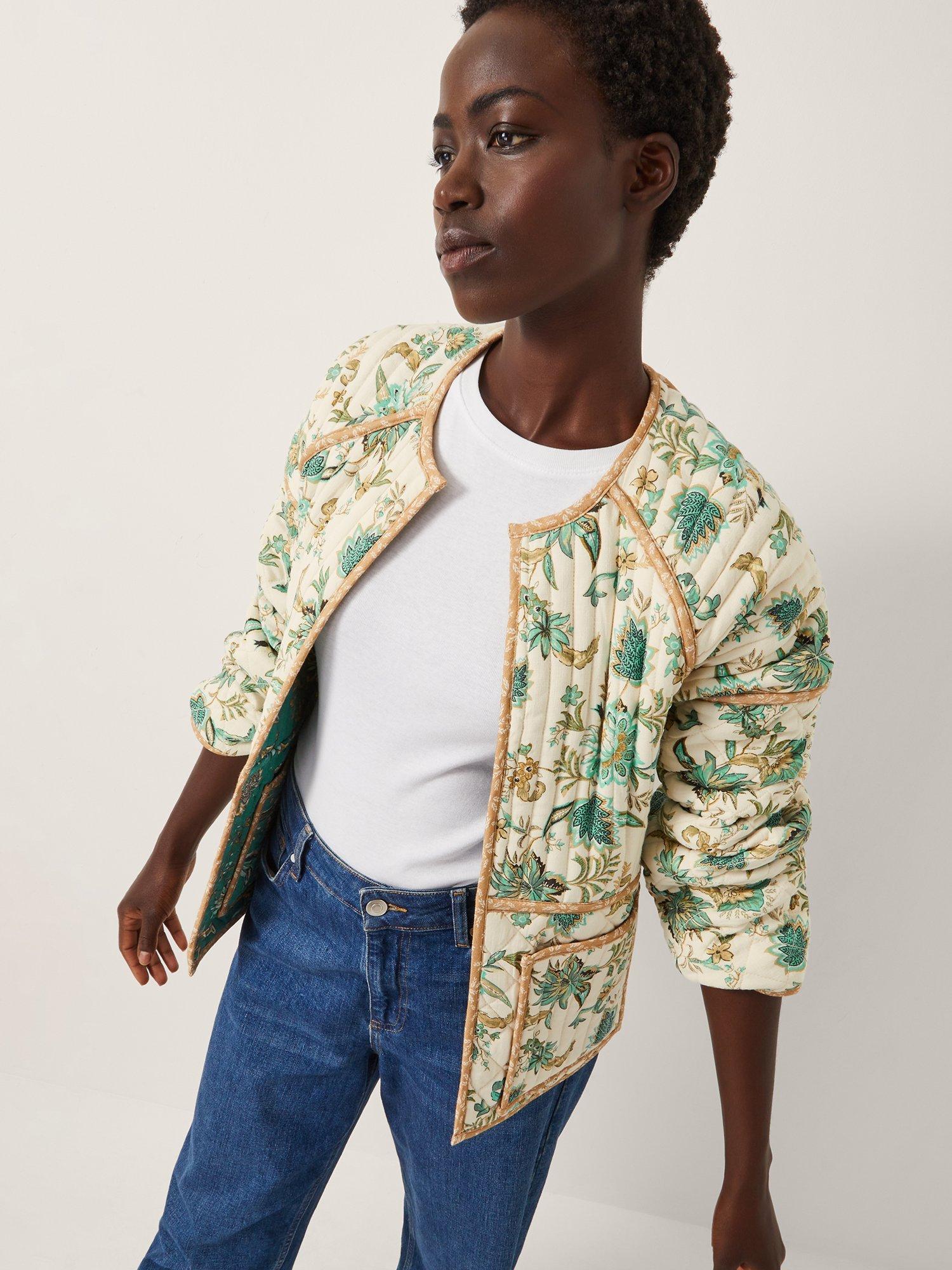 Product image 1 of 6, which shows Monsoon Saoirse Floral Quilted Jacket, Ivory/Multi, M