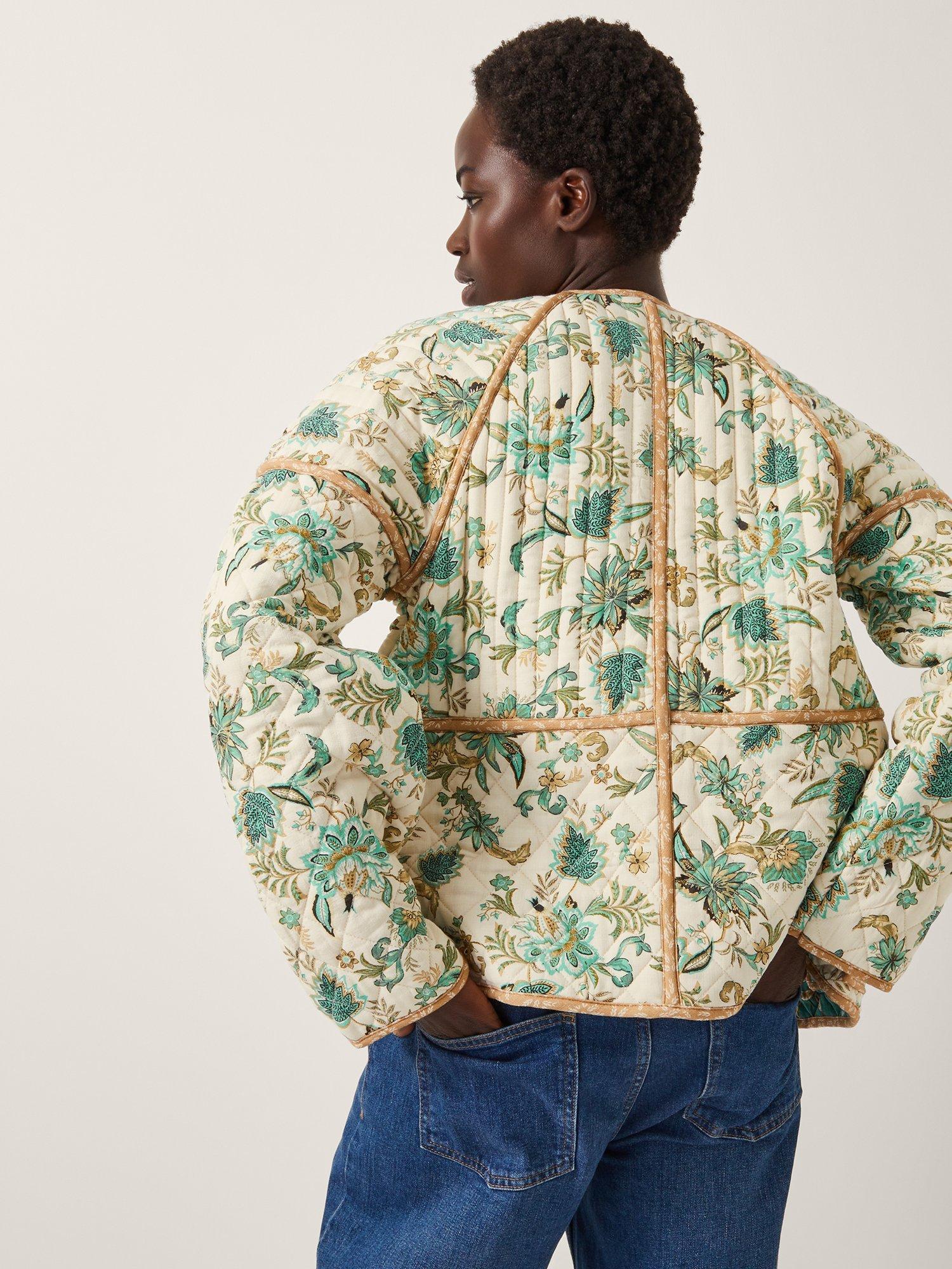 Product image 2 of 6, which shows Monsoon Saoirse Floral Quilted Jacket, Ivory/Multi, M