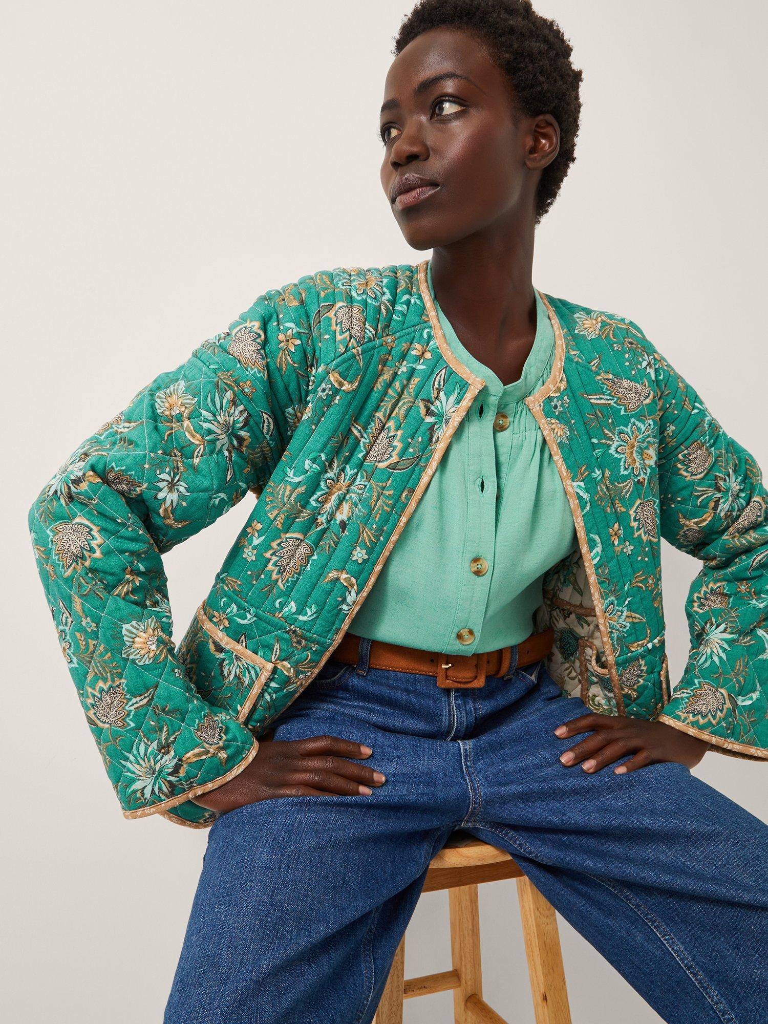 Product image 6 of 6, which shows Monsoon Saoirse Floral Quilted Jacket, Ivory/Multi, M