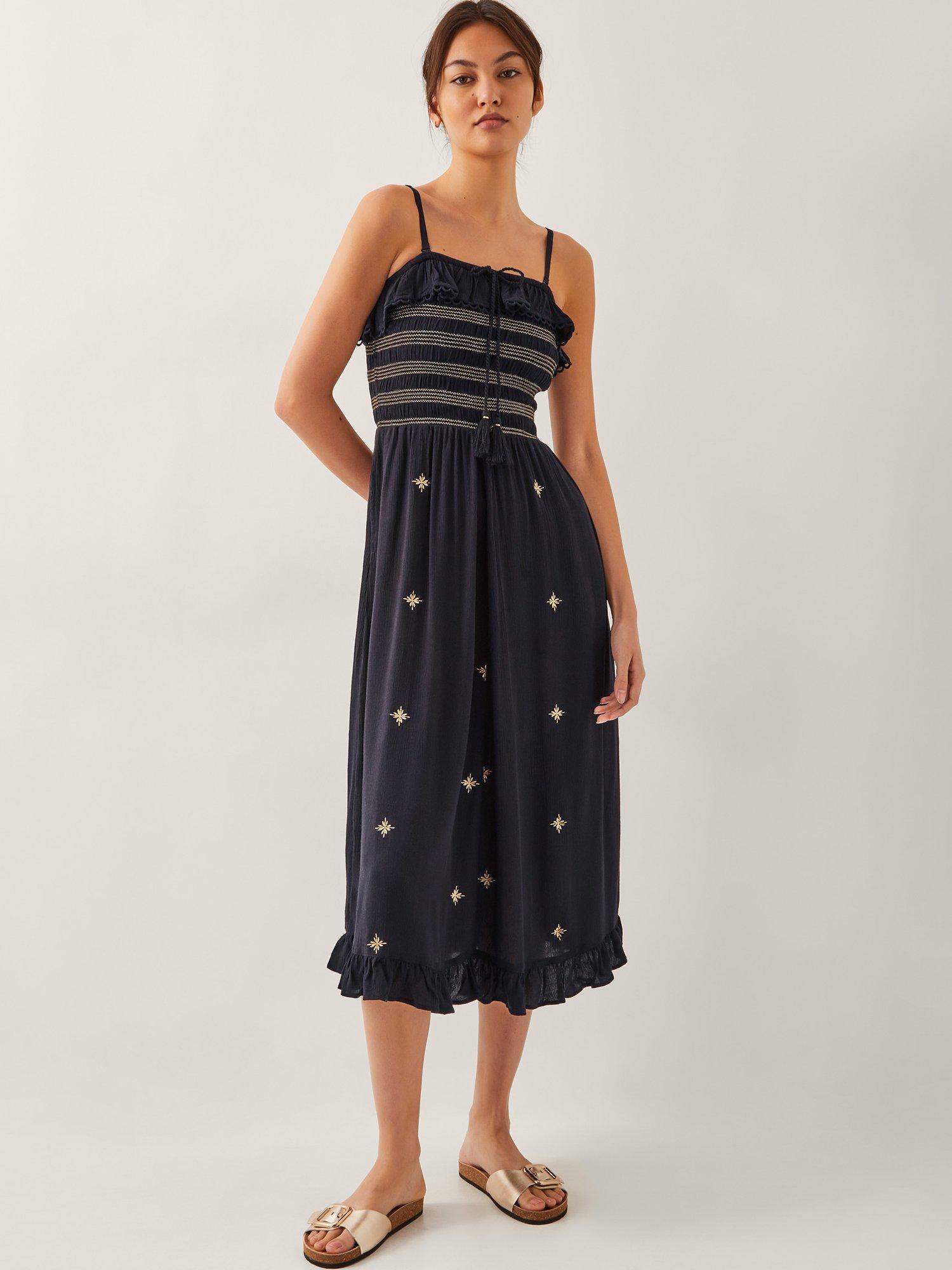 Product image 1 of 5, which shows Monsoon Blair Embroidered Frill Midi Dress, Black, S