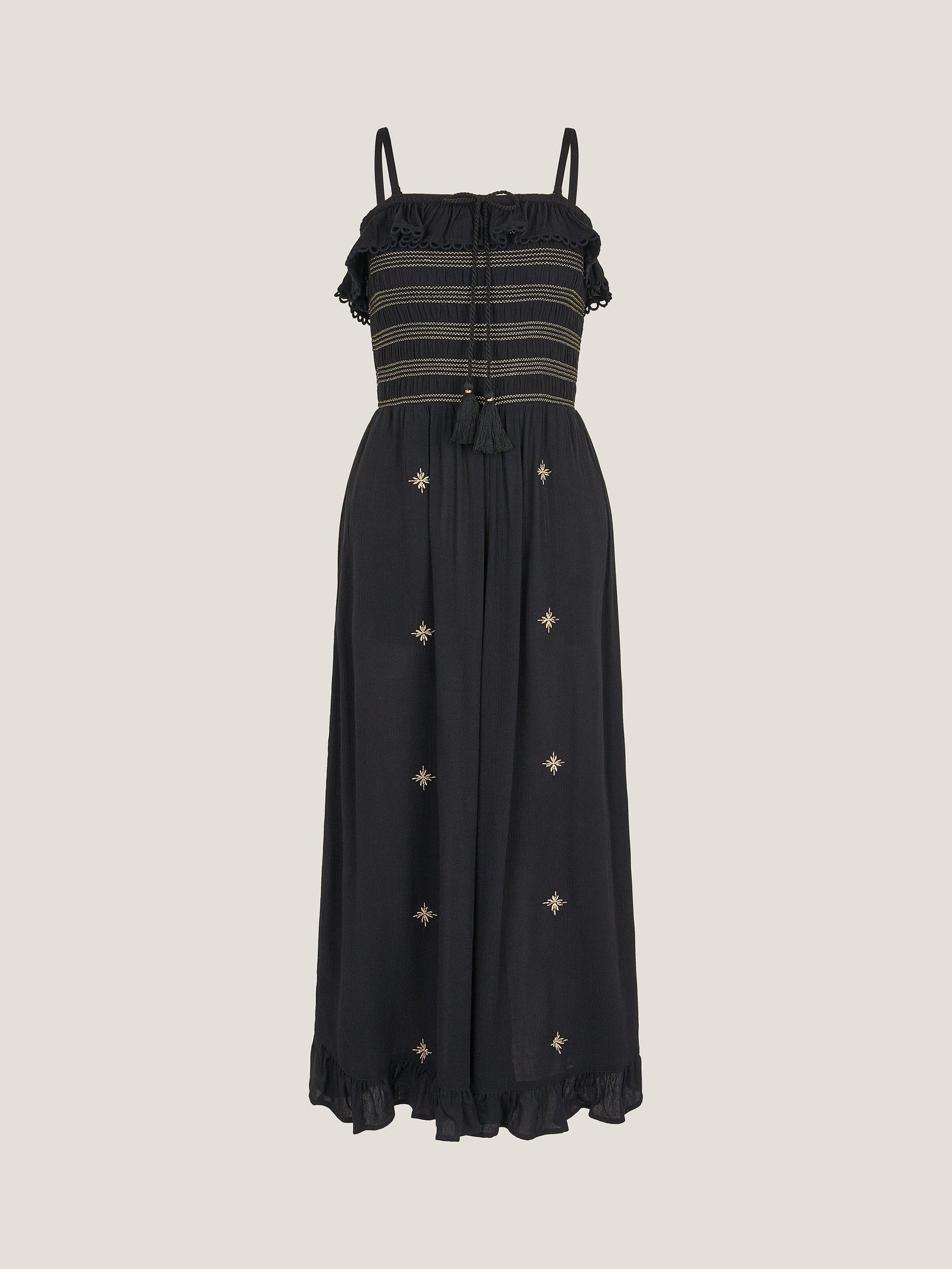 Product image 3 of 5, which shows Monsoon Blair Embroidered Frill Midi Dress, Black, S