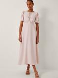 Monsoon Bonnie Bow Front Puff Sleeve Midi Dress, Blush