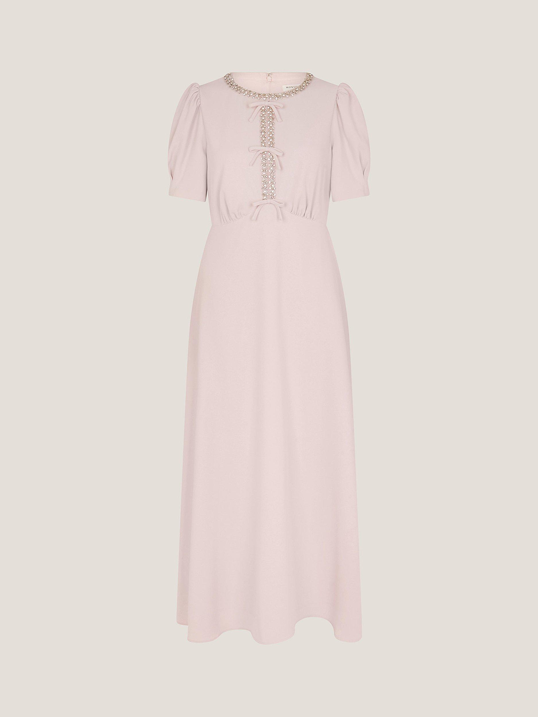 Product image 3 of 5, which shows Monsoon Bonnie Bow Front Puff Sleeve Midi Dress, Blush, 8