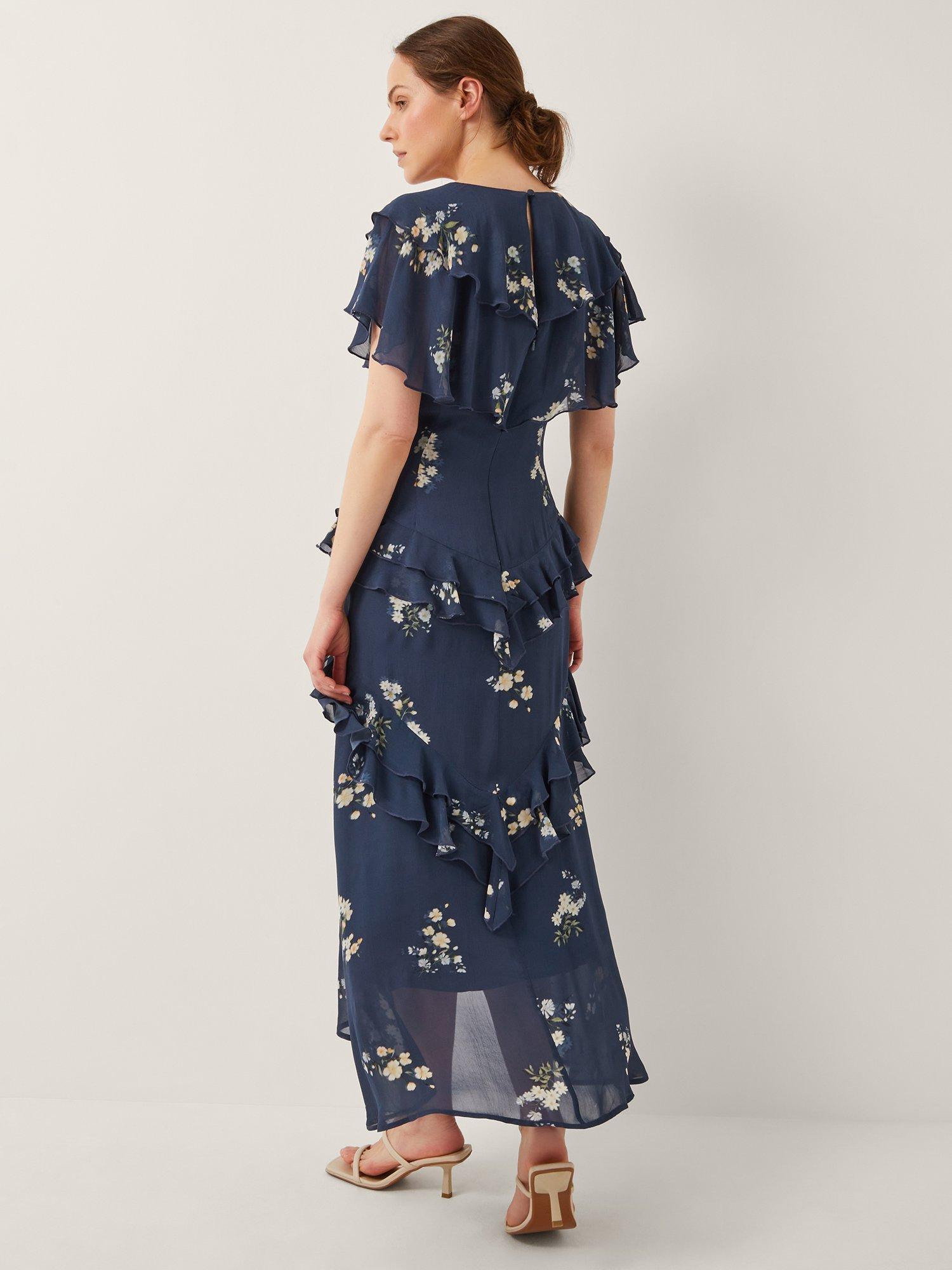 Product image 2 of 4, which shows Monsoon Celeste Floral Ruffle Maxi Dress, Navy, 8
