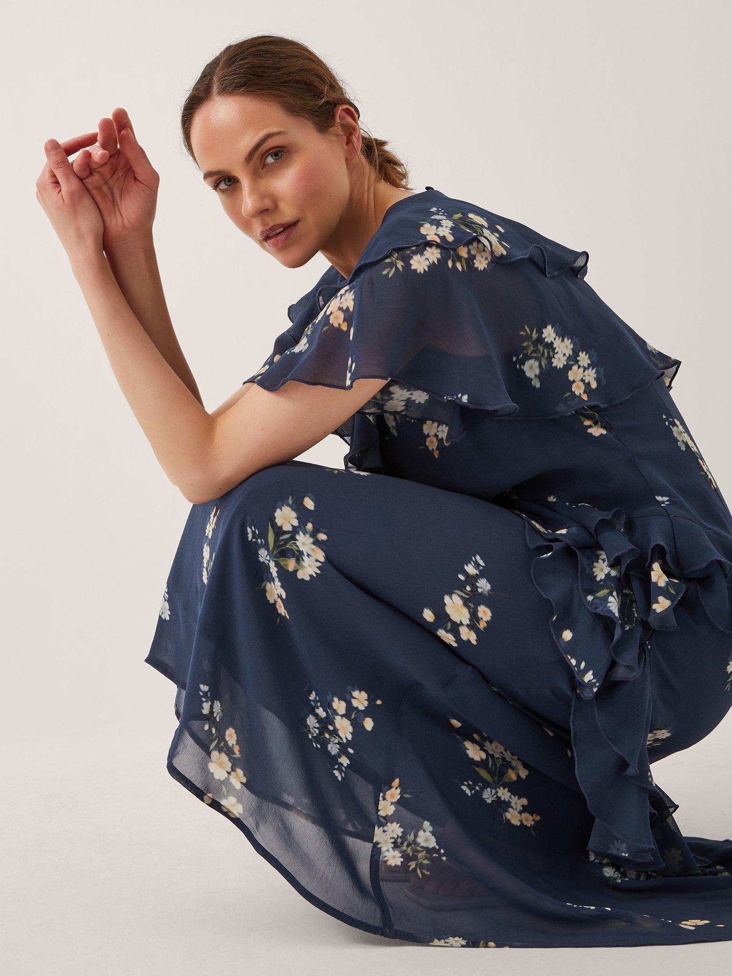 Product image 3 of 4, which shows Monsoon Celeste Floral Ruffle Maxi Dress, Navy, 8