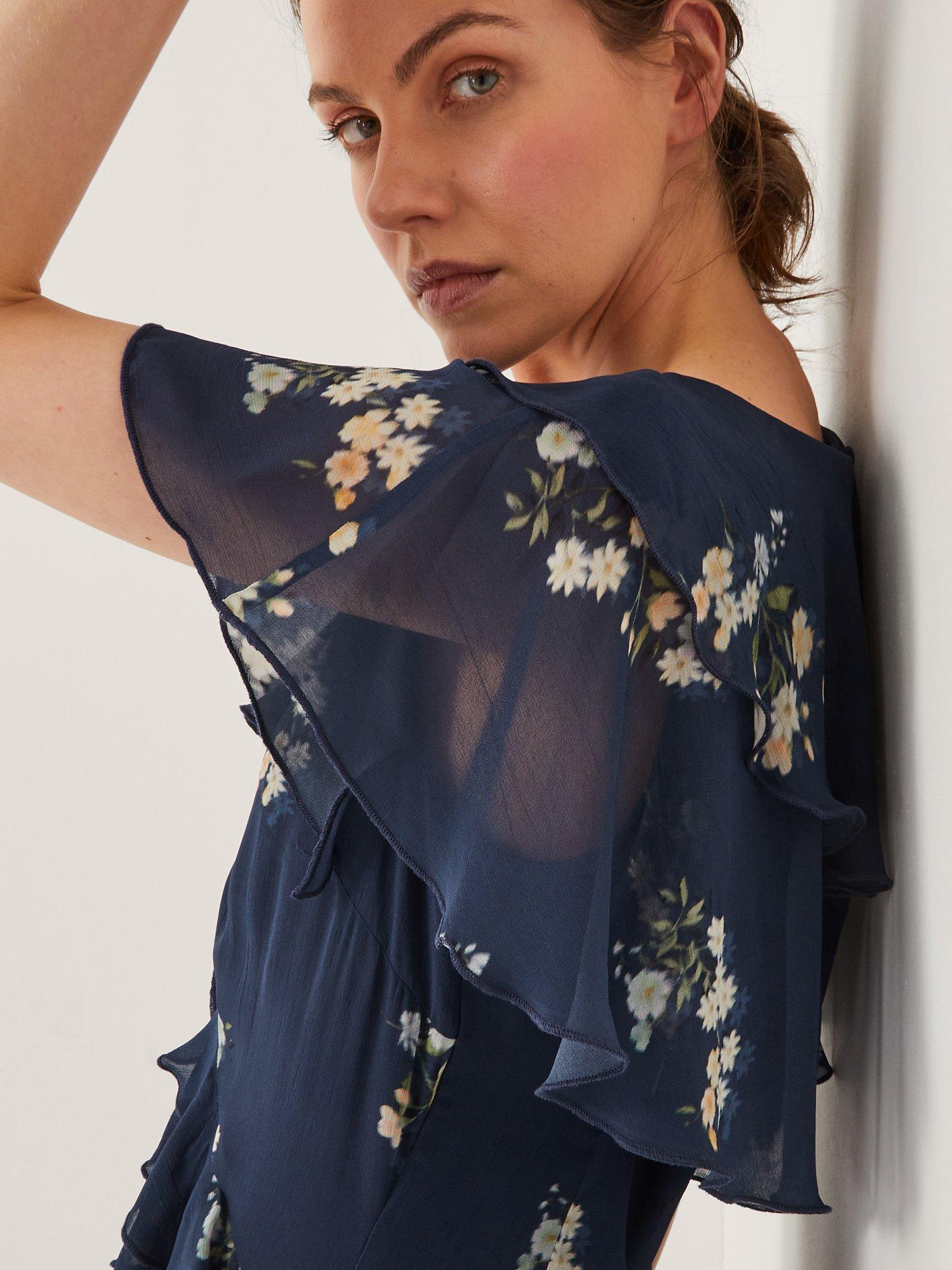 Product image 4 of 4, which shows Monsoon Celeste Floral Ruffle Maxi Dress, Navy, 8