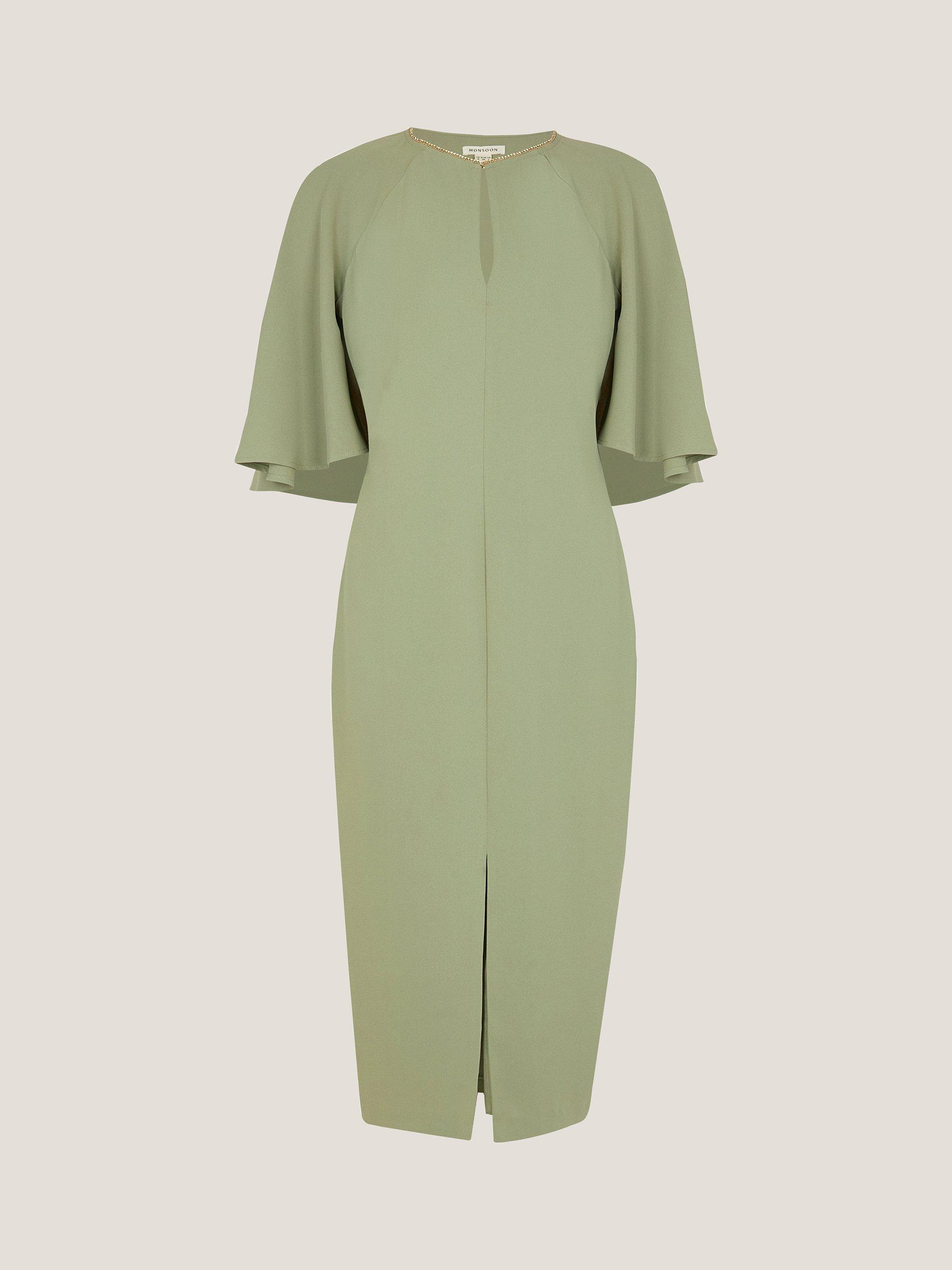Product image 3 of 5, which shows Monsoon Cassandra Cape Sleeve Midi Dress, Sage, 8