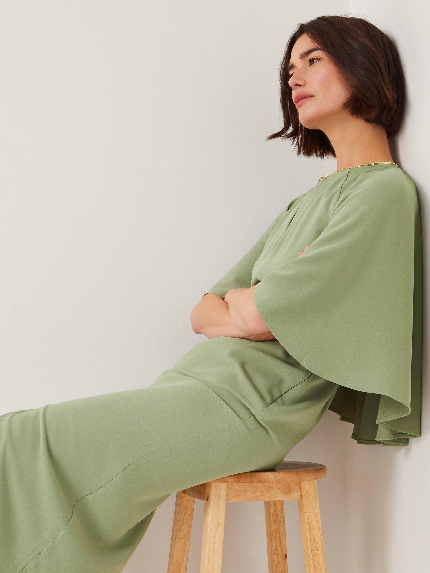 Product image 4 of 5, which shows Monsoon Cassandra Cape Sleeve Midi Dress, Sage, 8