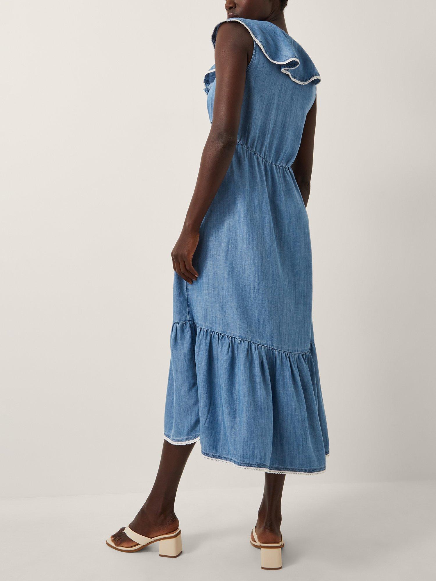 Product image 2 of 5, which shows Monsoon Dottie Ruffle Midi Dress, Blue, S