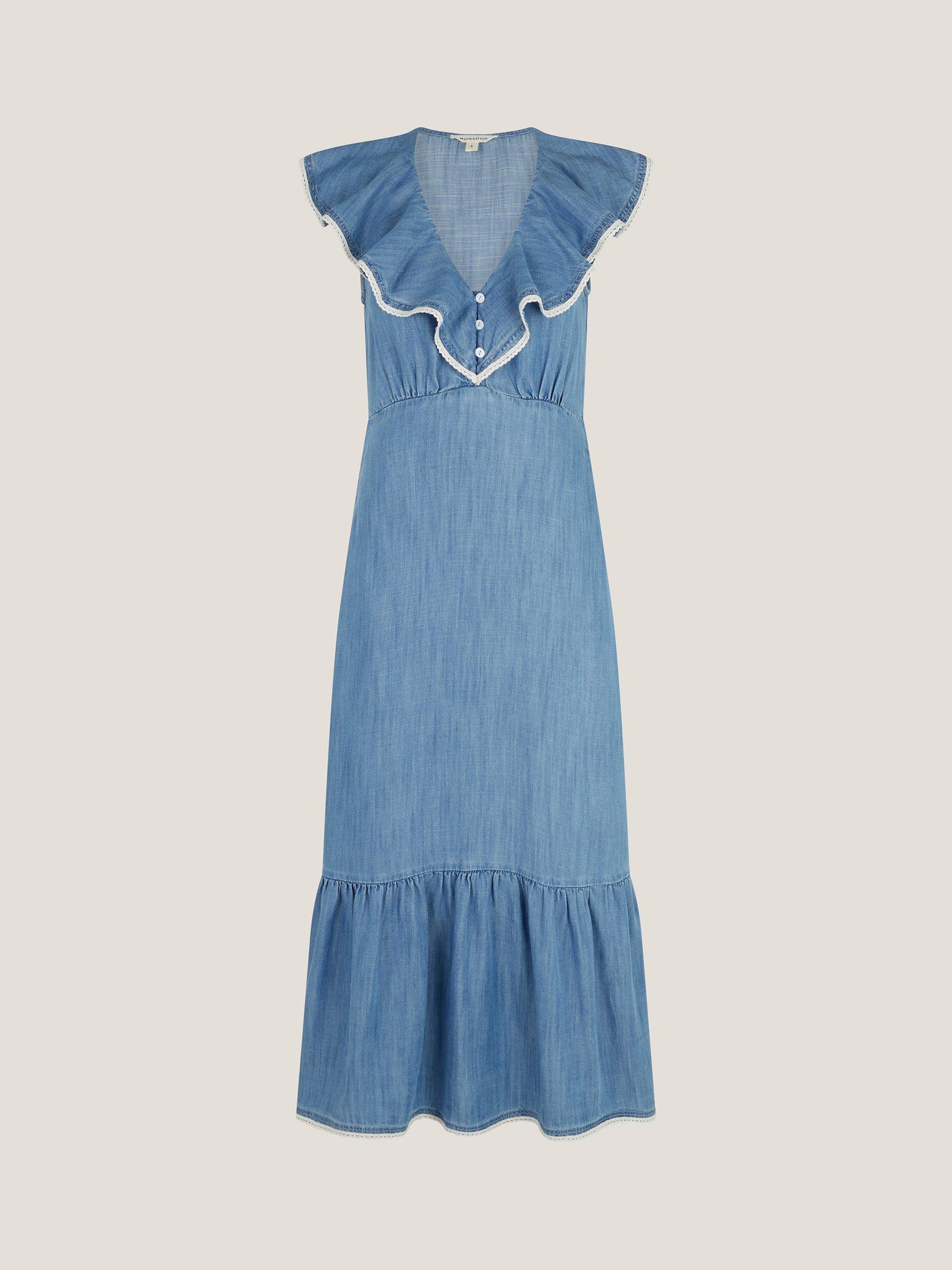 Product image 3 of 5, which shows Monsoon Dottie Ruffle Midi Dress, Blue, S