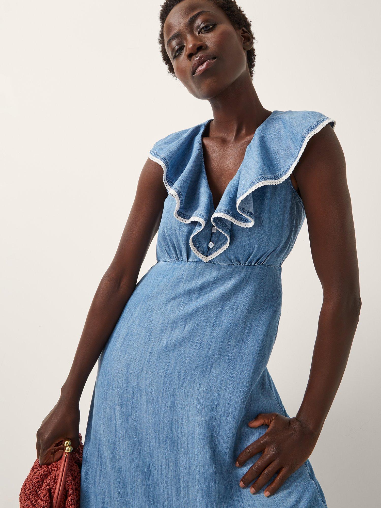 Product image 4 of 5, which shows Monsoon Dottie Ruffle Midi Dress, Blue, S