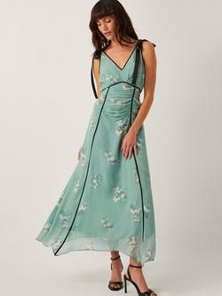 Monsoon  Giselle Floral Print Bow Midi Dress, Sage, Sage
