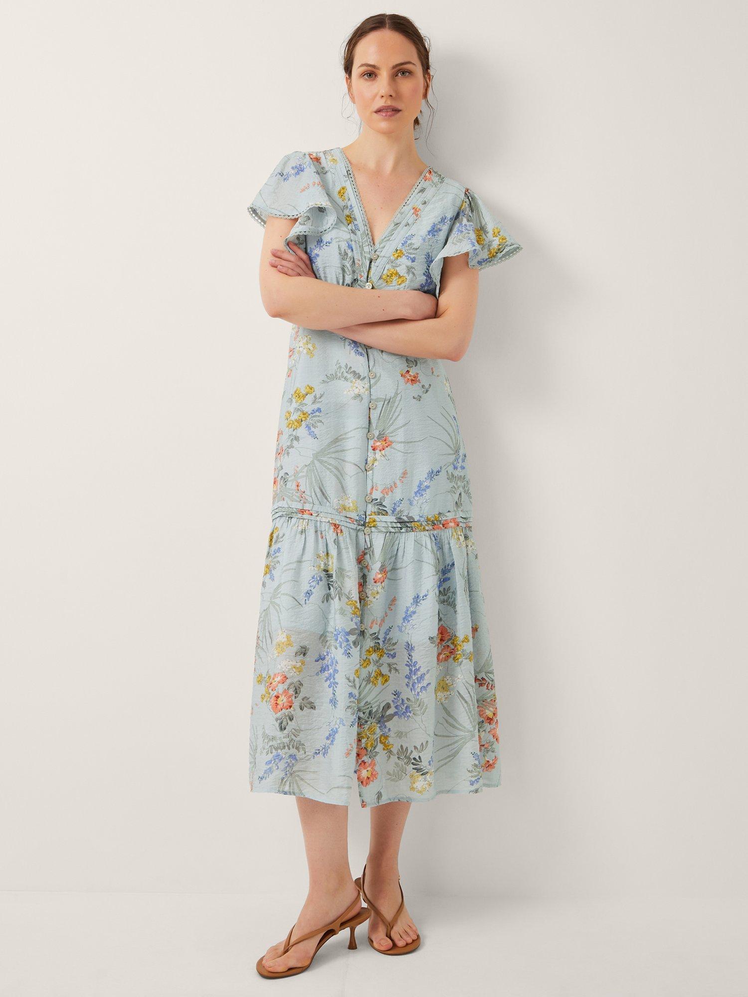 Product image 1 of 4, which shows Monsoon Jesse V-Neck Floral Midi Dress, Pale Blue, 8