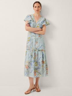 Monsoon Jesse V-Neck Floral Midi Dress, Pale Blue, Pale Blue