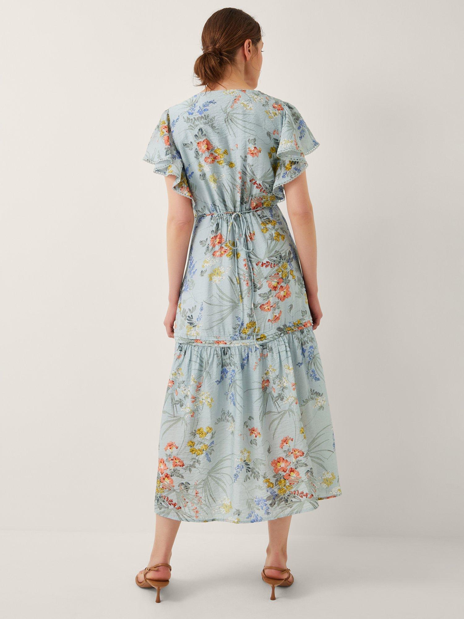 Product image 2 of 4, which shows Monsoon Jesse V-Neck Floral Midi Dress, Pale Blue, 8