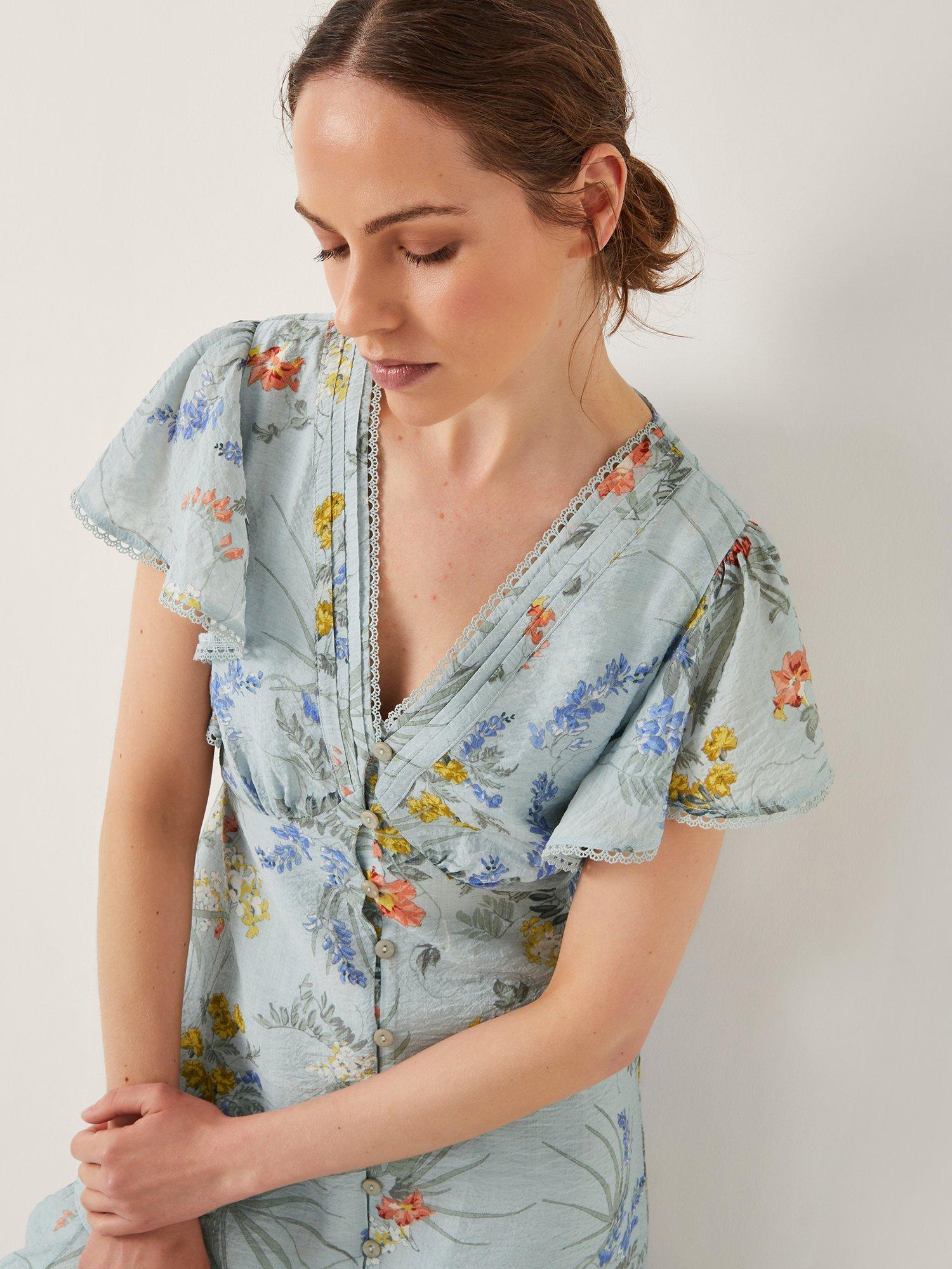 Product image 3 of 4, which shows Monsoon Jesse V-Neck Floral Midi Dress, Pale Blue, 8