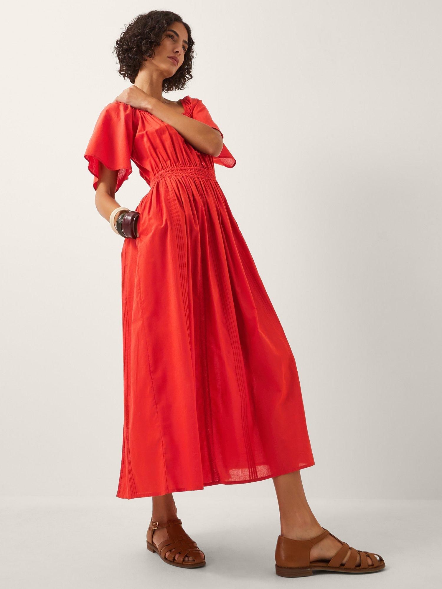 Product image 1 of 5, which shows Monsoon Lane Milkmaid Tiered Midi Dress, Rust, S