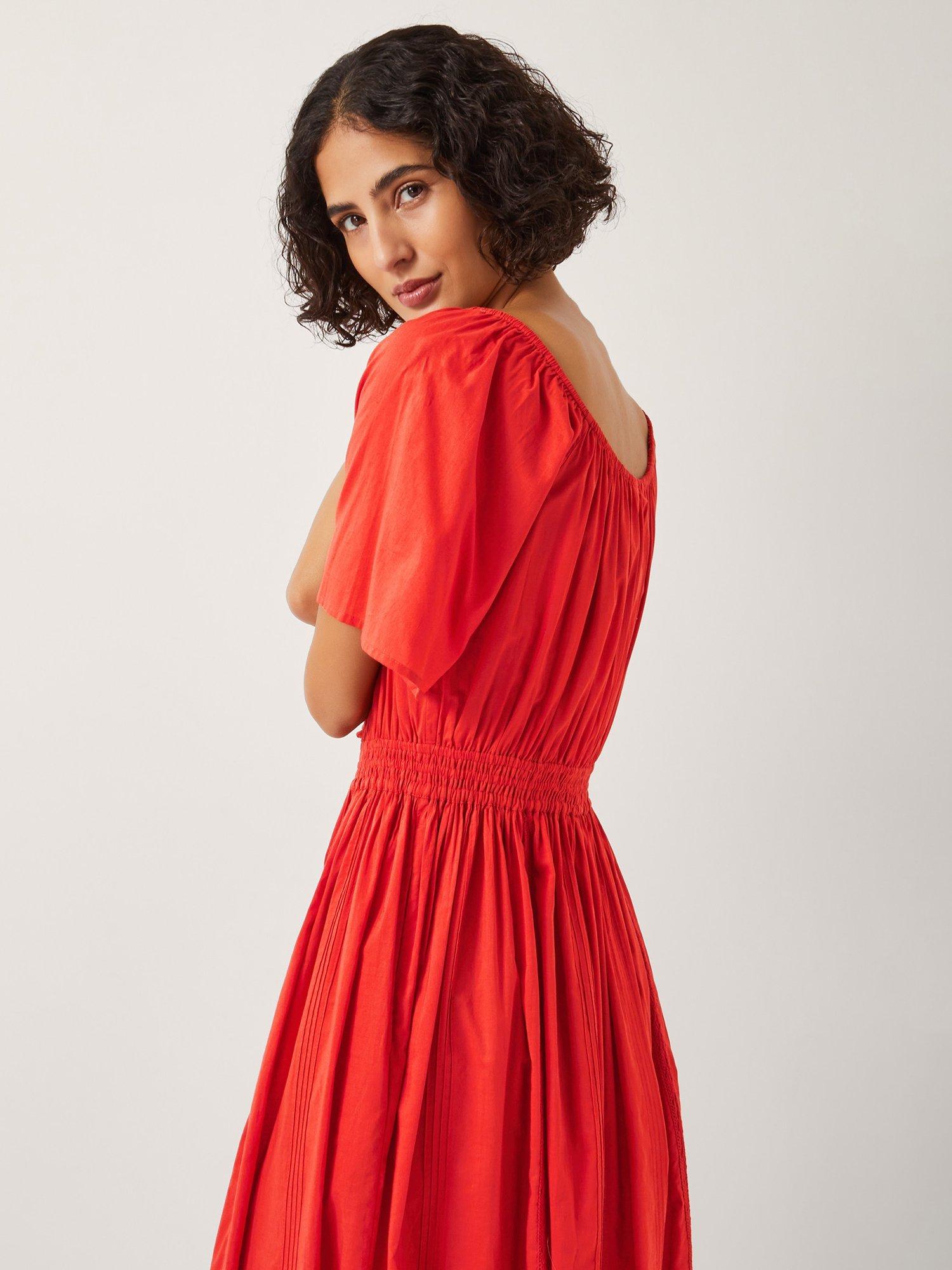 Product image 2 of 5, which shows Monsoon Lane Milkmaid Tiered Midi Dress, Rust, S