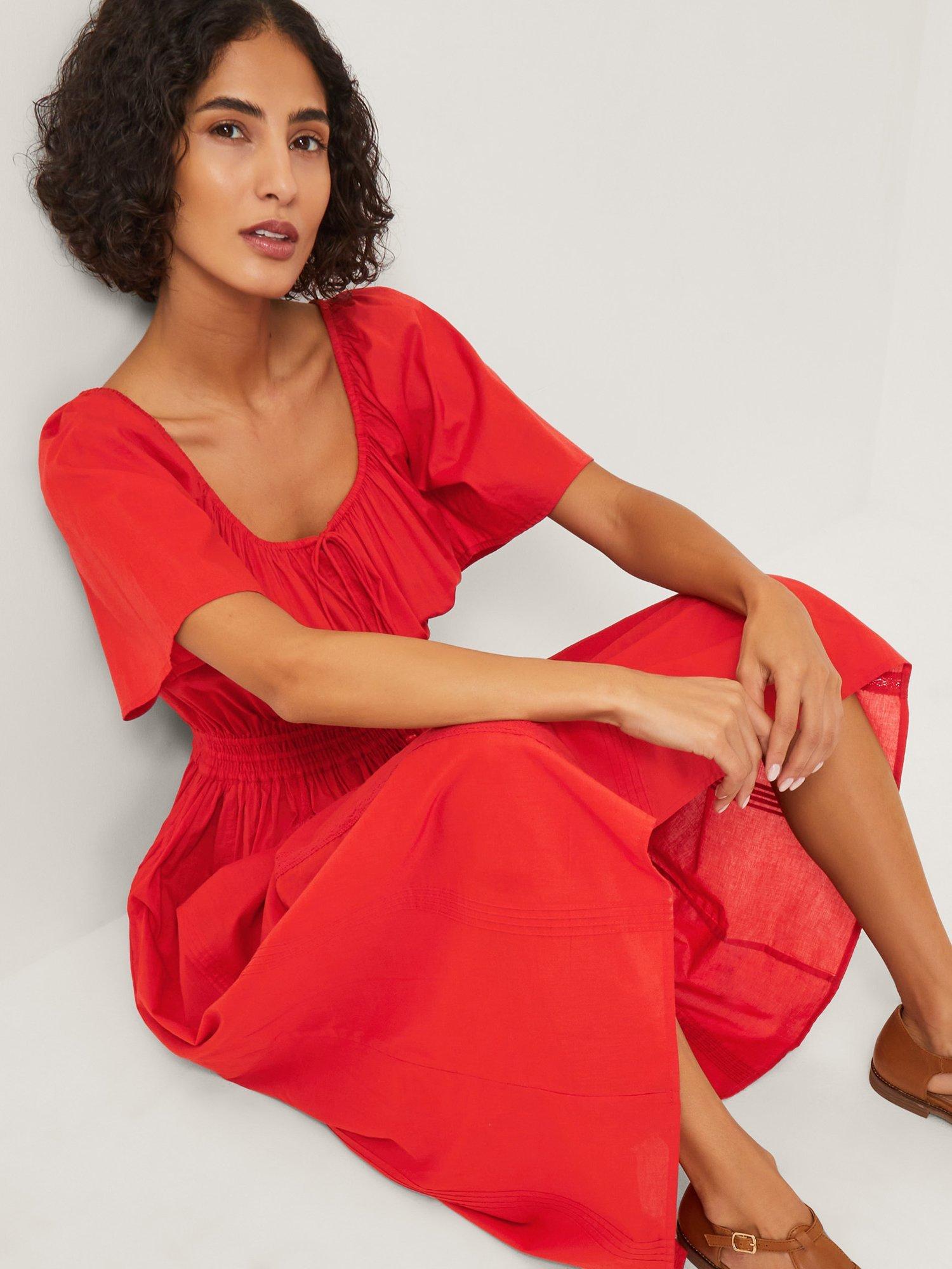 Product image 4 of 5, which shows Monsoon Lane Milkmaid Tiered Midi Dress, Rust, S