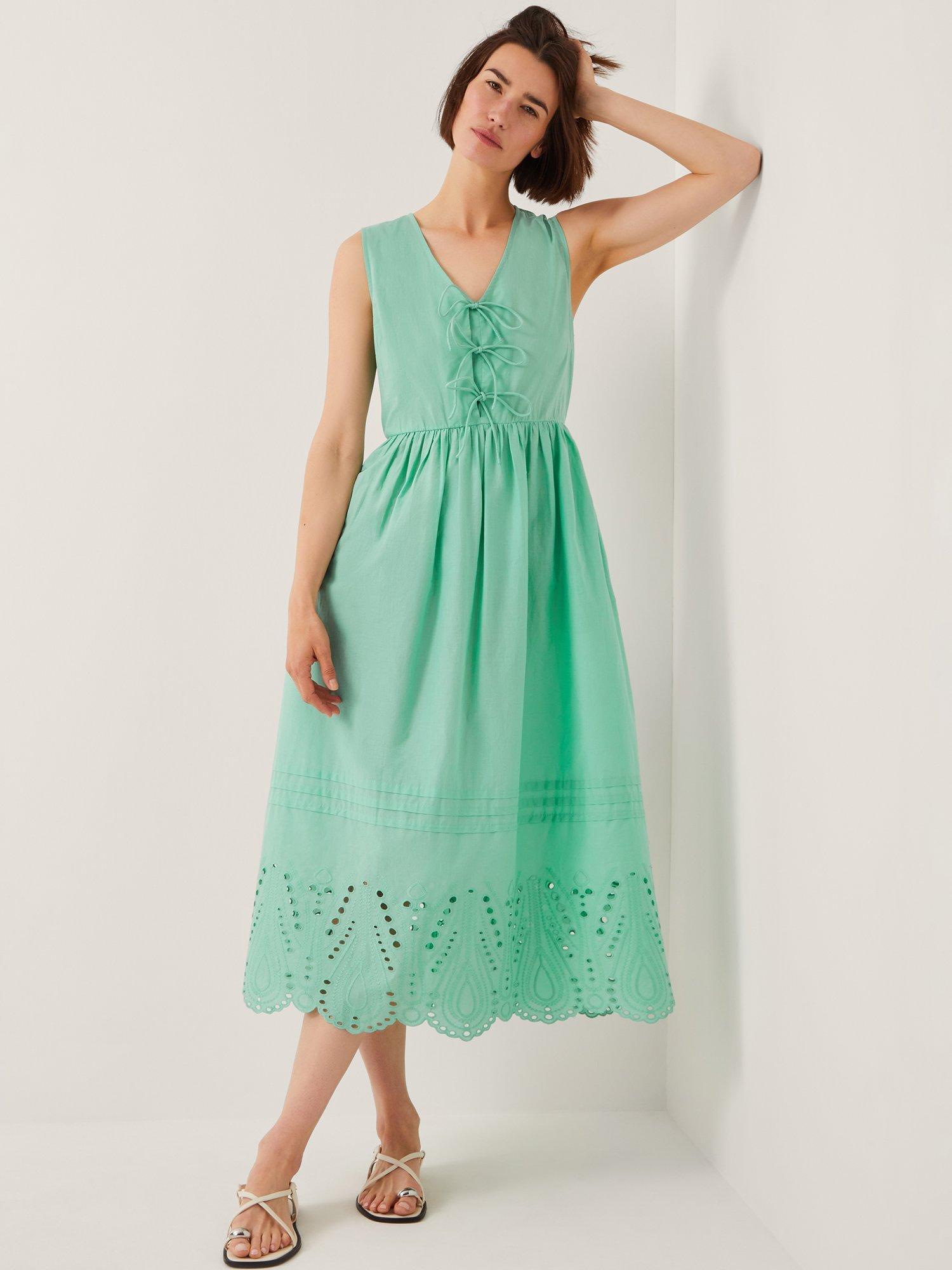 Product image 1 of 5, which shows Monsoon Sadie Tie Broderie Midi Dress, Sea Green, S