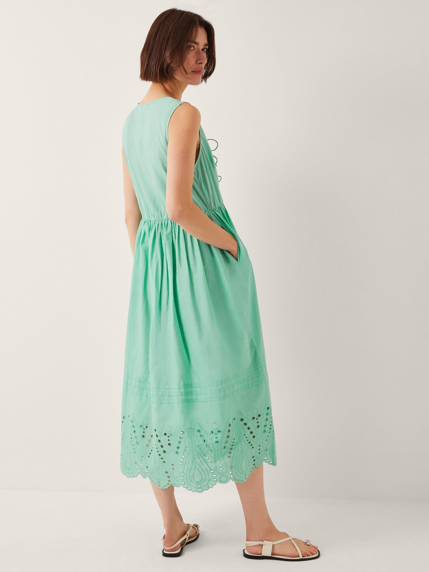 Product image 2 of 5, which shows Monsoon Sadie Tie Broderie Midi Dress, Sea Green, S