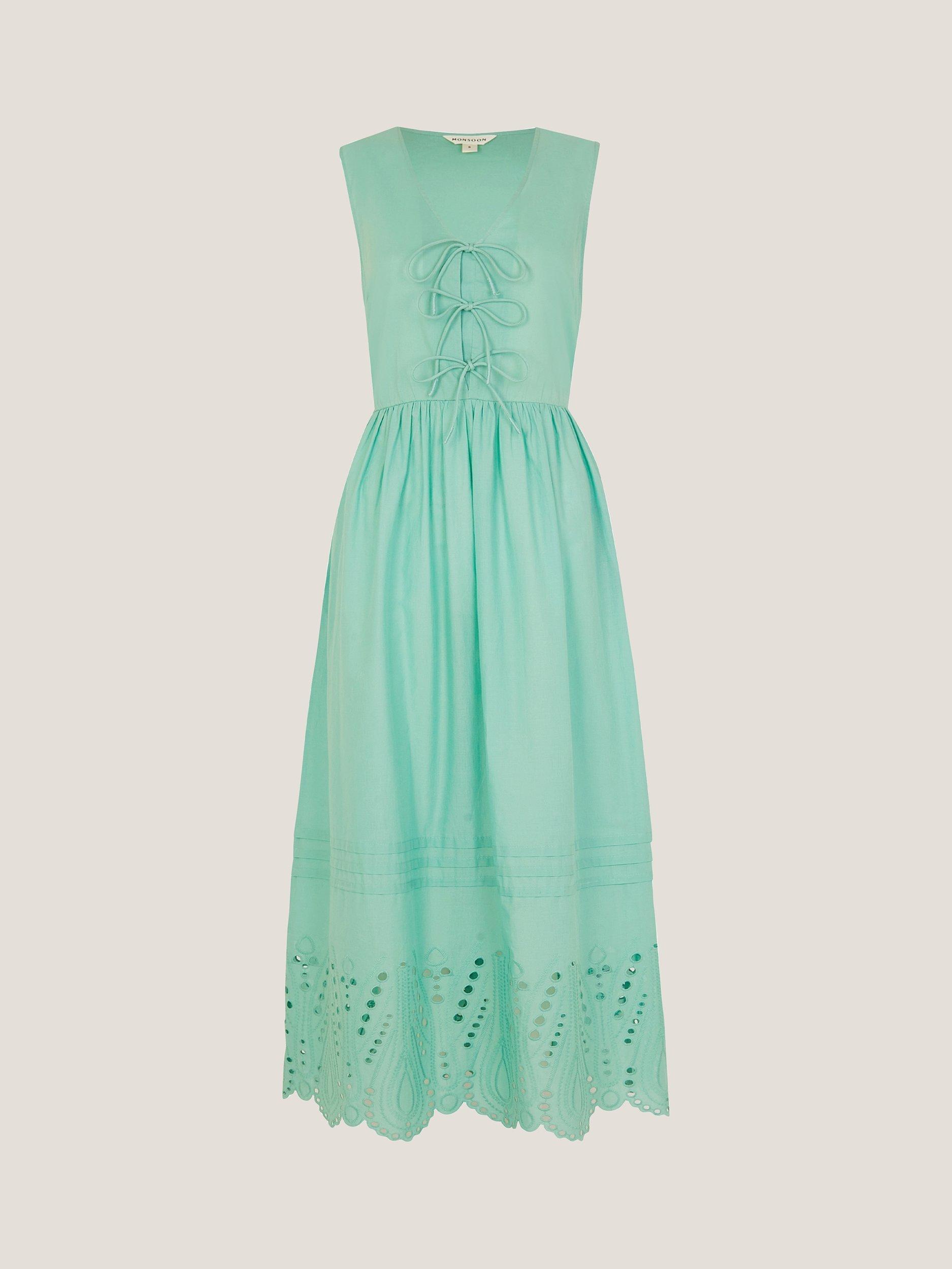 Product image 3 of 5, which shows Monsoon Sadie Tie Broderie Midi Dress, Sea Green, S