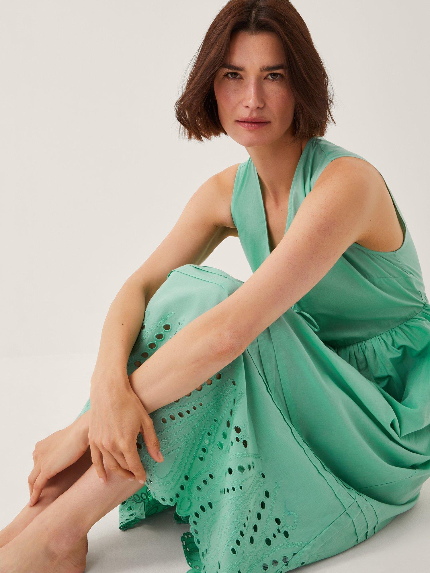 Product image 4 of 5, which shows Monsoon Sadie Tie Broderie Midi Dress, Sea Green, S