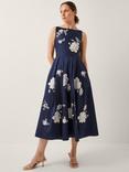 Monsoon Sicily Embroidered Floral Midi Dress, Navy