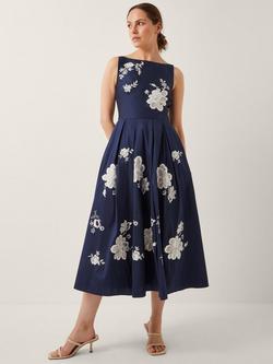 Monsoon Sicily Embroidered Floral Midi Dress, Navy, Navy
