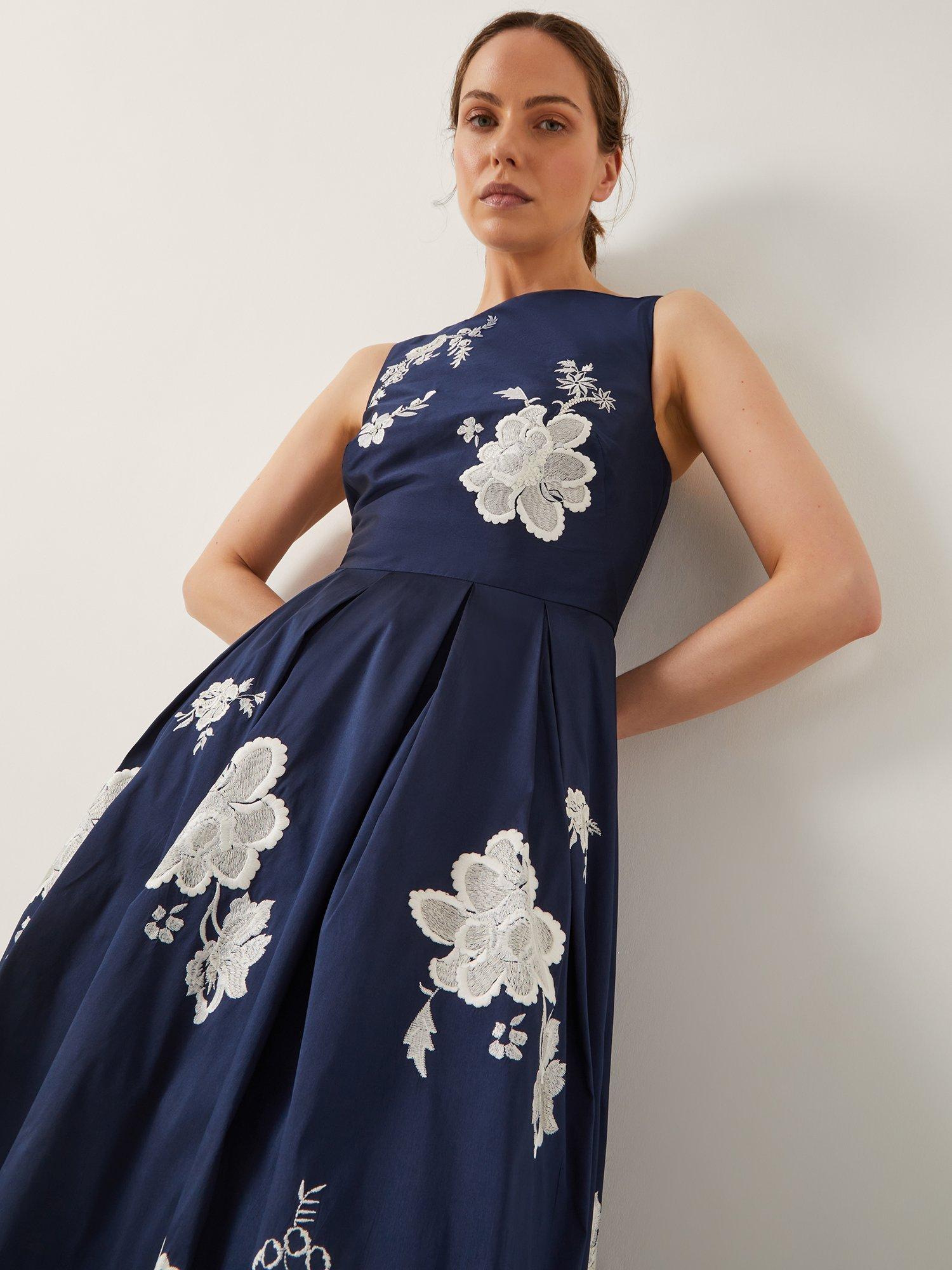 Product image 3 of 4, which shows Monsoon Sicily Embroidered Floral Midi Dress, Navy, 8
