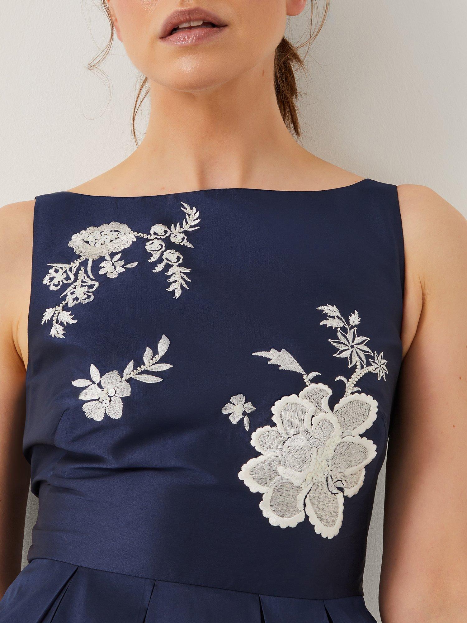 Product image 4 of 4, which shows Monsoon Sicily Embroidered Floral Midi Dress, Navy, 8