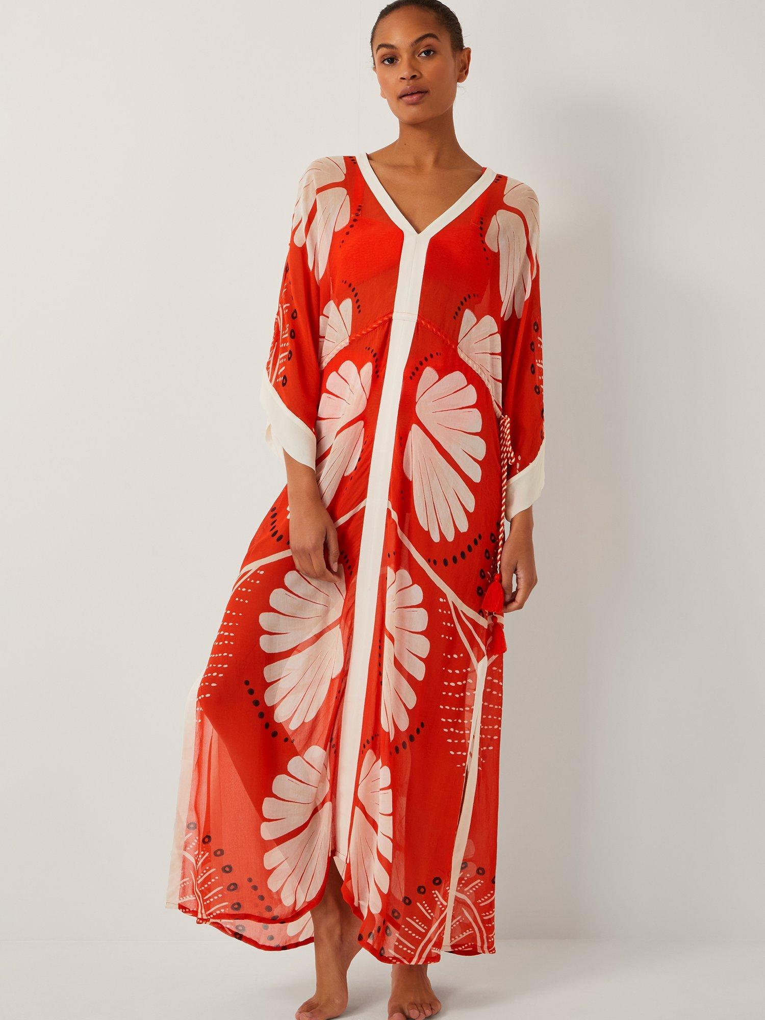 Product image 1 of 5, which shows Monsoon Nara Leaf Print Kaftan, Rust, S