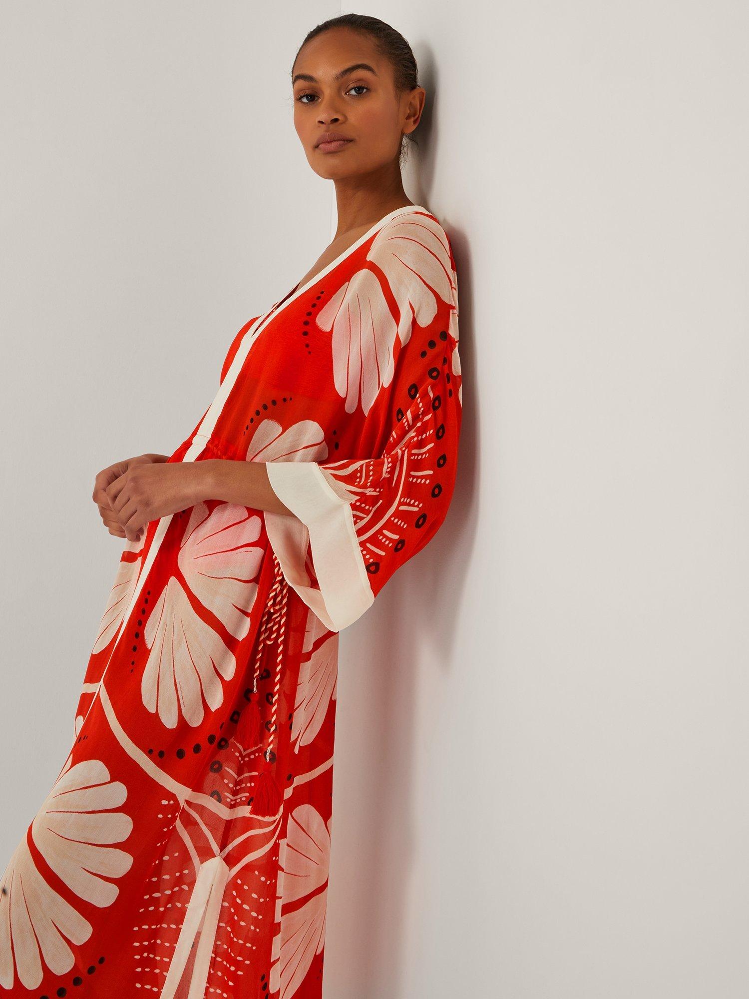 Product image 4 of 5, which shows Monsoon Nara Leaf Print Kaftan, Rust, S