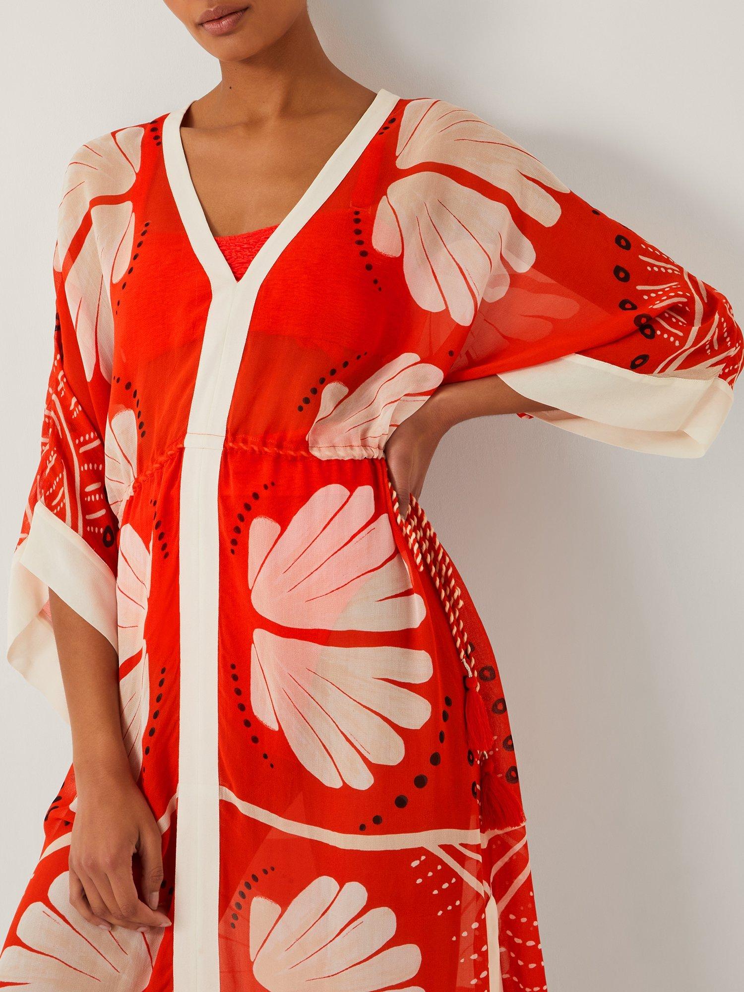 Product image 5 of 5, which shows Monsoon Nara Leaf Print Kaftan, Rust, S