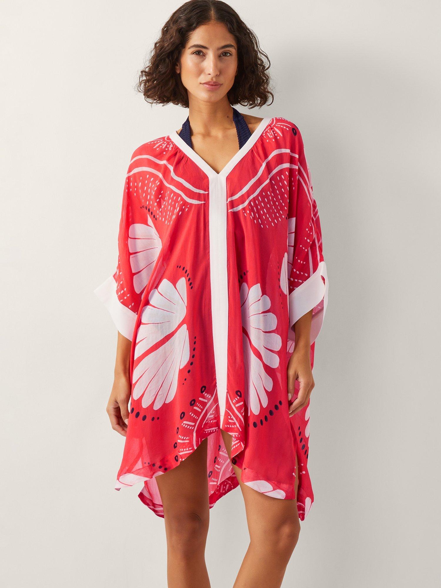 Product image 1 of 5, which shows Monsoon Nara Shell Print Mini Kaftan, Rust, S