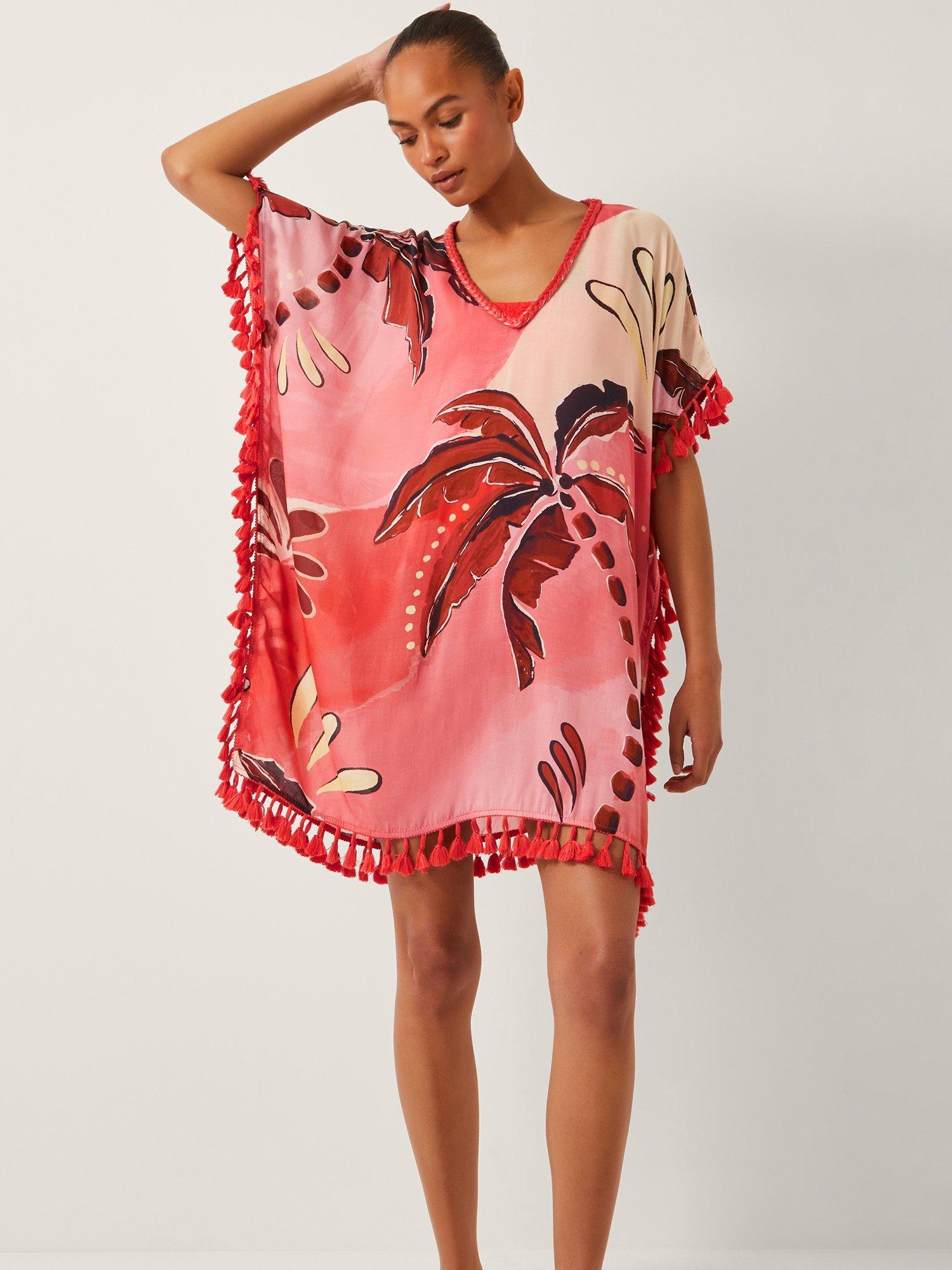 Product image 1 of 5, which shows Monsoon Alex Palm Tassel Mini Kaftan, Rust, S