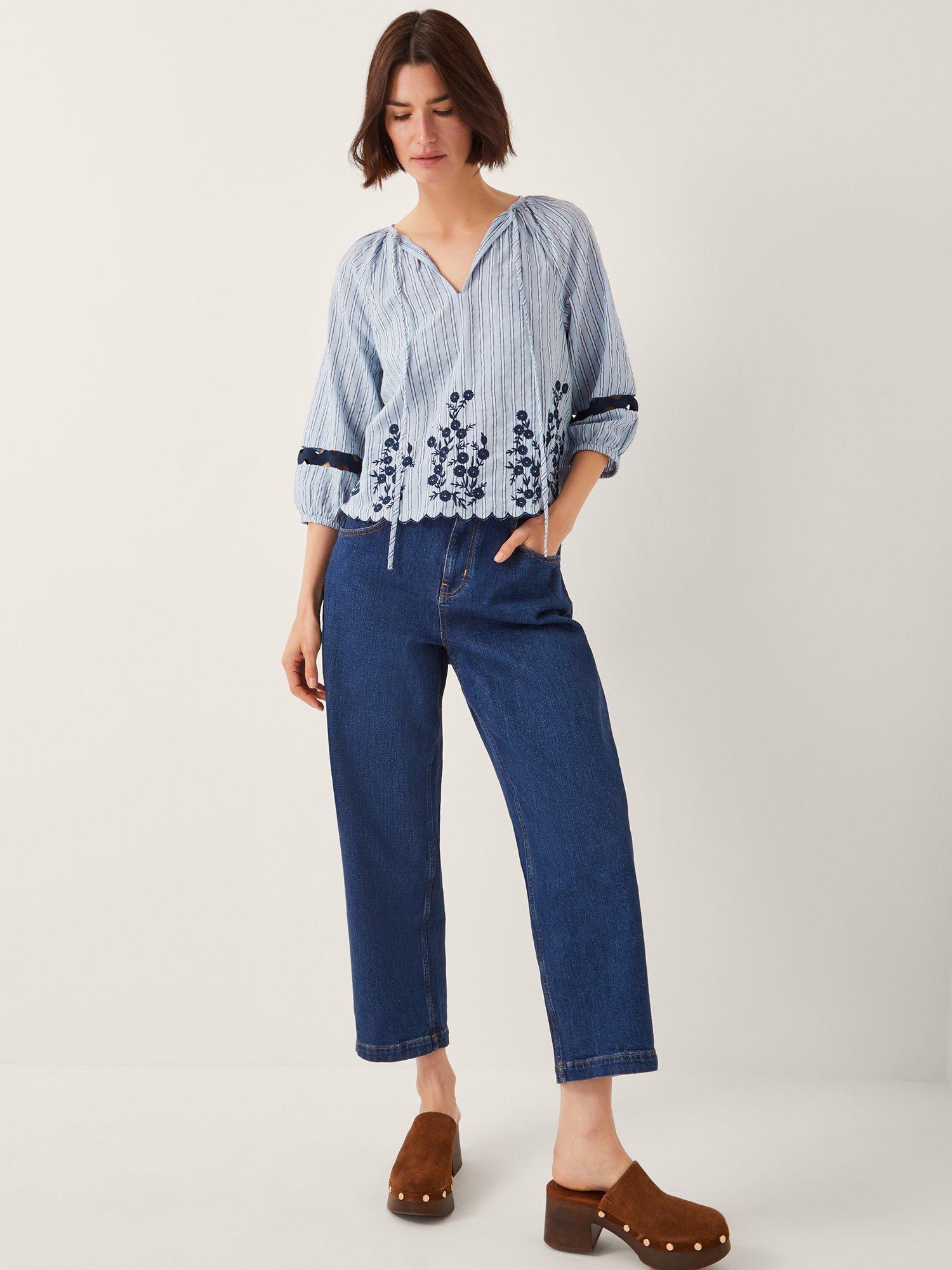 Product image 1 of 11, which shows Monsoon Cara Embroidered Stripe Blouse, Blue, M
