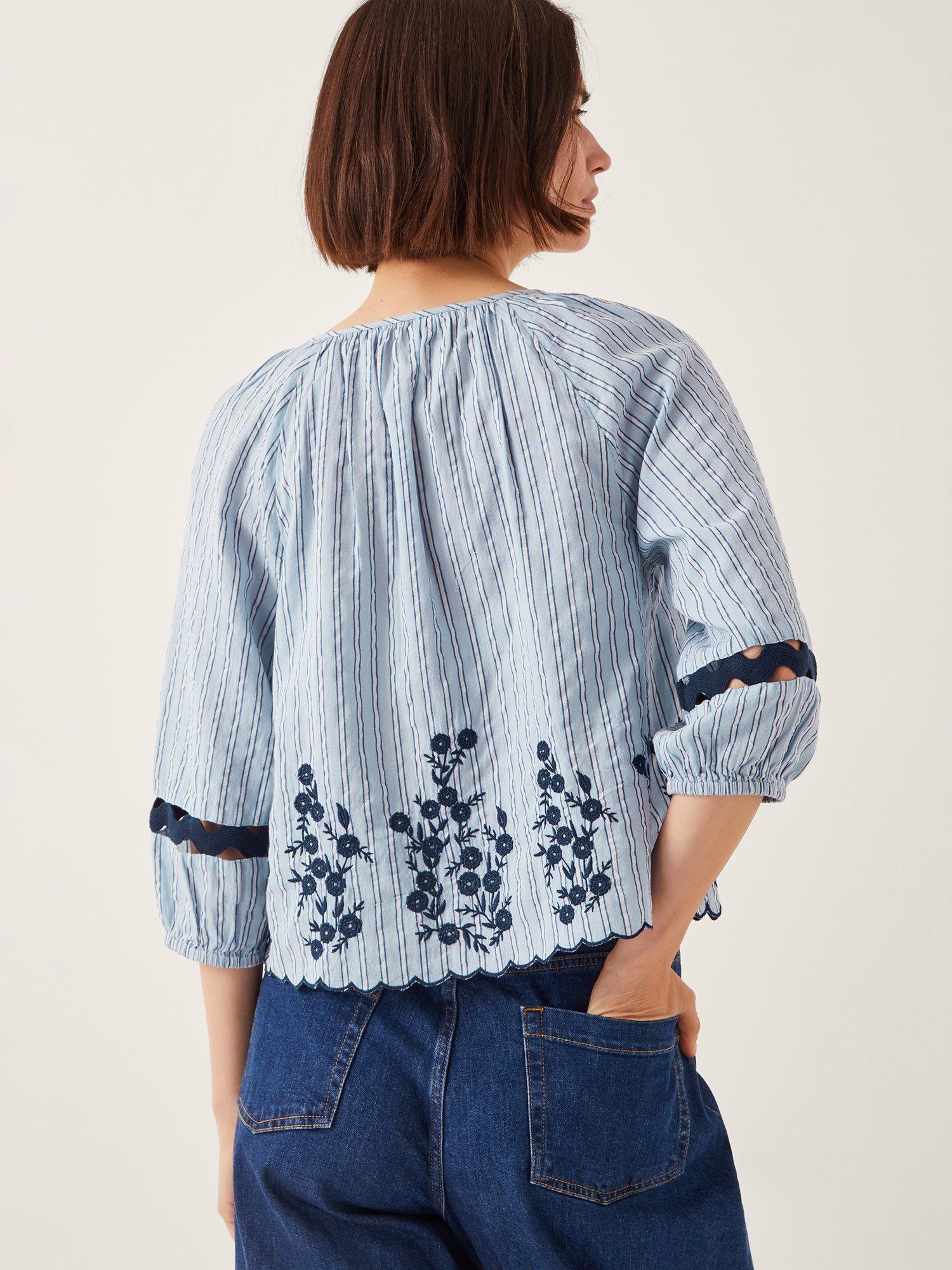 Product image 2 of 11, which shows Monsoon Cara Embroidered Stripe Blouse, Blue, M