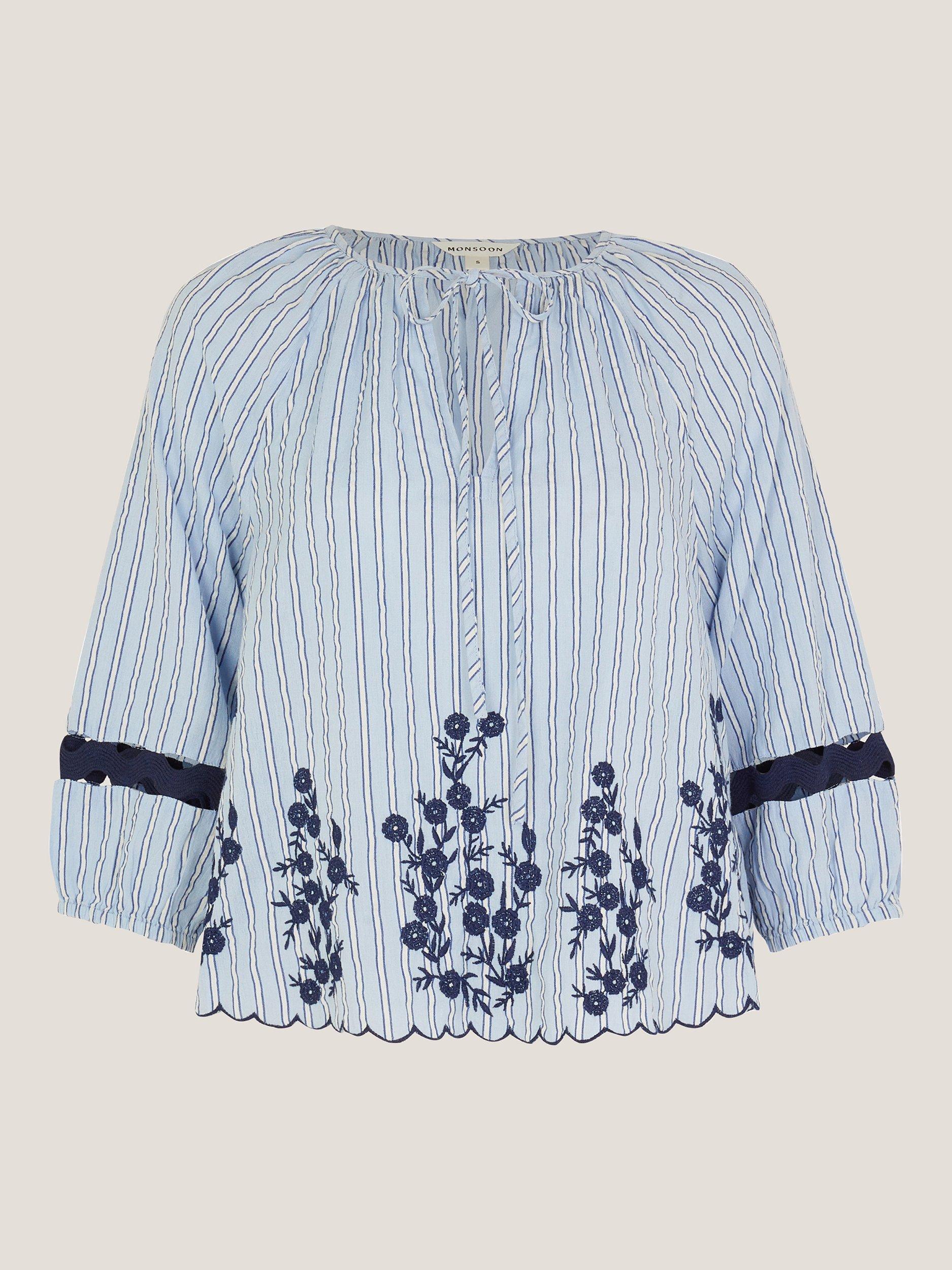 Product image 3 of 11, which shows Monsoon Cara Embroidered Stripe Blouse, Blue, M