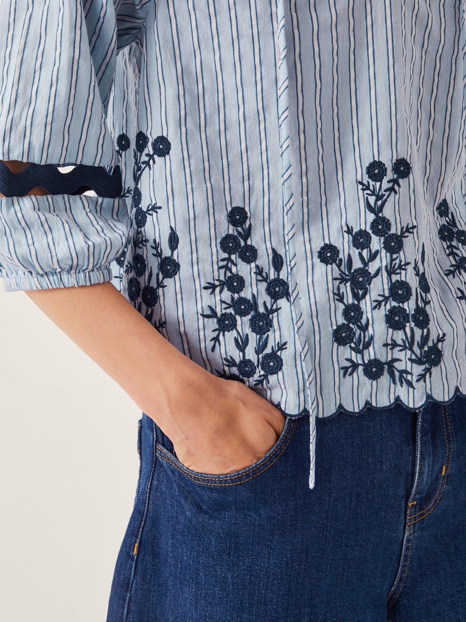 Product image 4 of 11, which shows Monsoon Cara Embroidered Stripe Blouse, Blue, M