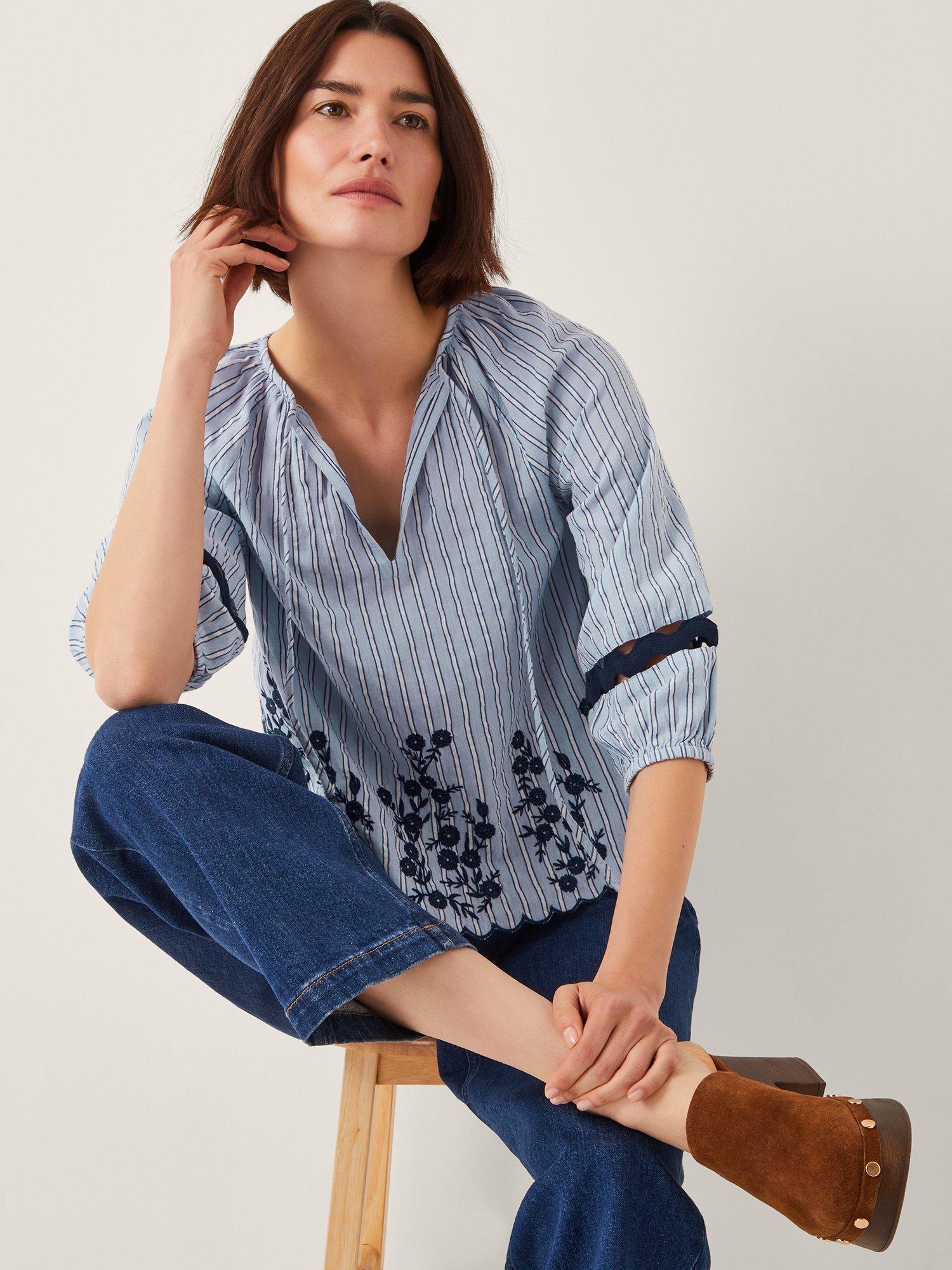 Product image 5 of 11, which shows Monsoon Cara Embroidered Stripe Blouse, Blue, M