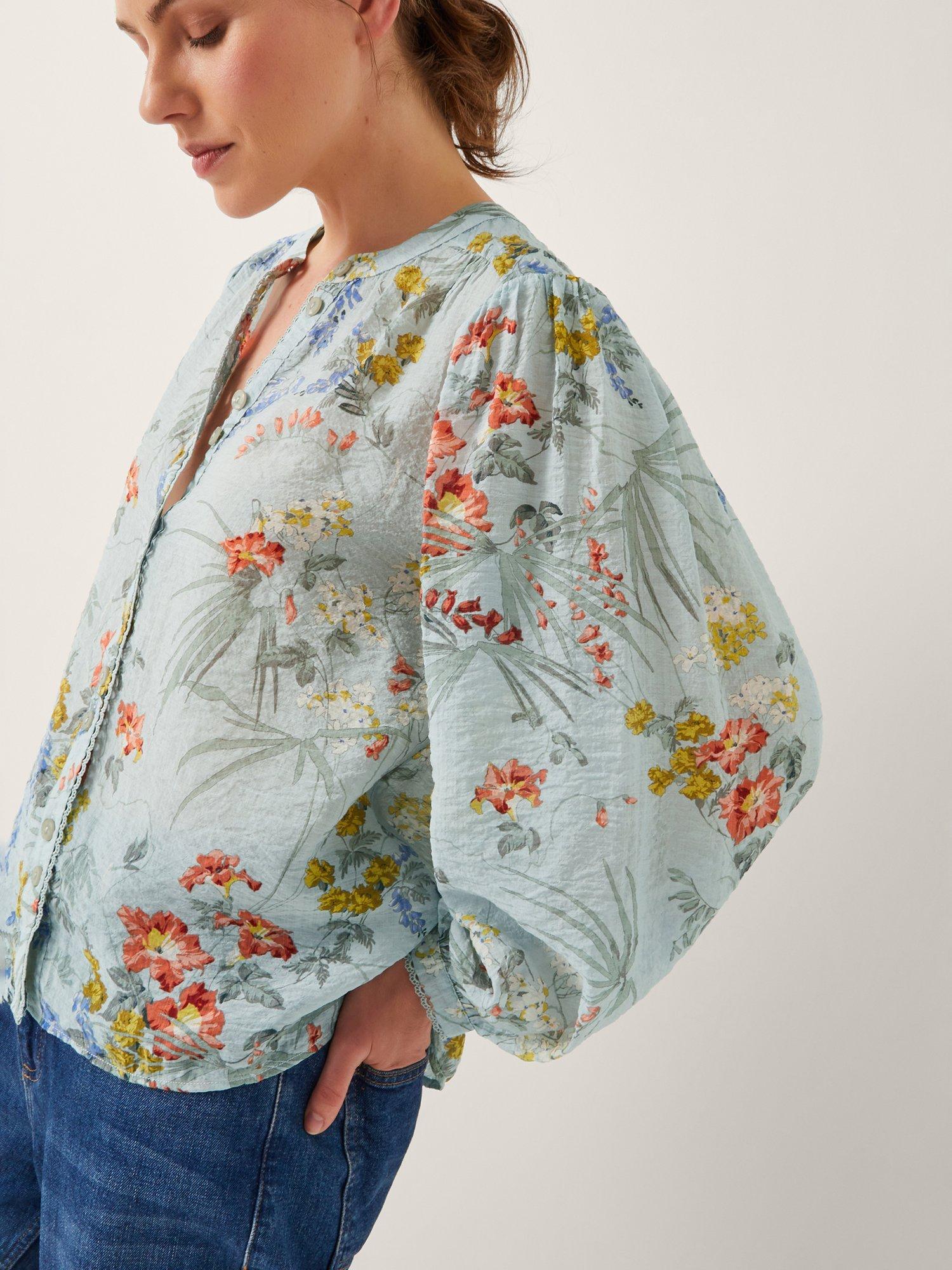 Product image 4 of 5, which shows Monsoon Jesse Floral Print Blouse, Pale Blue, S
