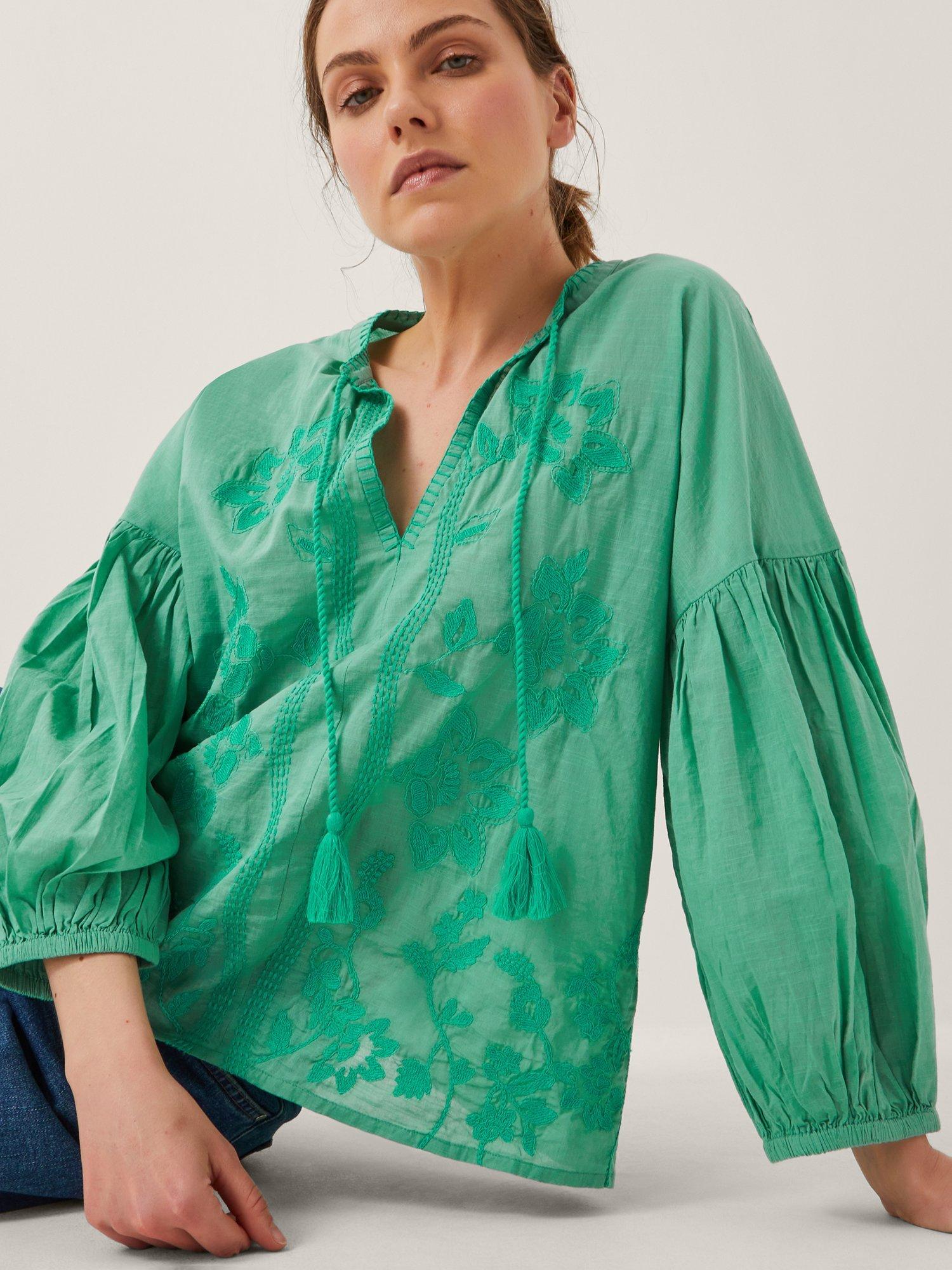 Product image 3 of 4, which shows Monsoon Milly Slouchy Embroidered Blouse, Sea Green, S