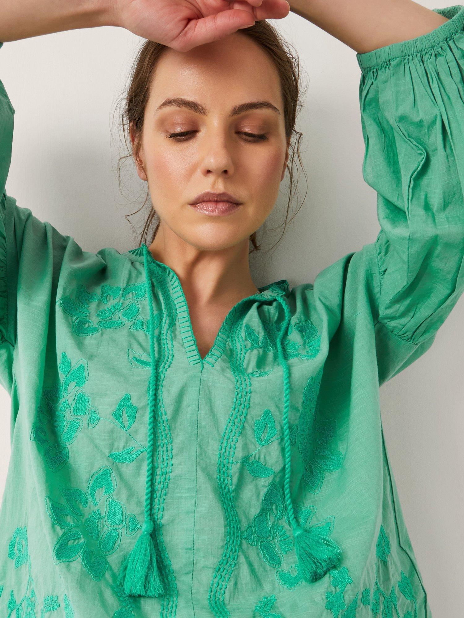 Product image 4 of 4, which shows Monsoon Milly Slouchy Embroidered Blouse, Sea Green, S