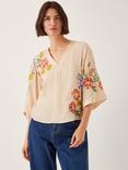 Monsoon Sylvia Floral Embroidered V-Neck Top, Orange/Multi