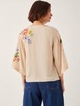 Monsoon Sylvia Floral Embroidered V-Neck Top, Orange/Multi